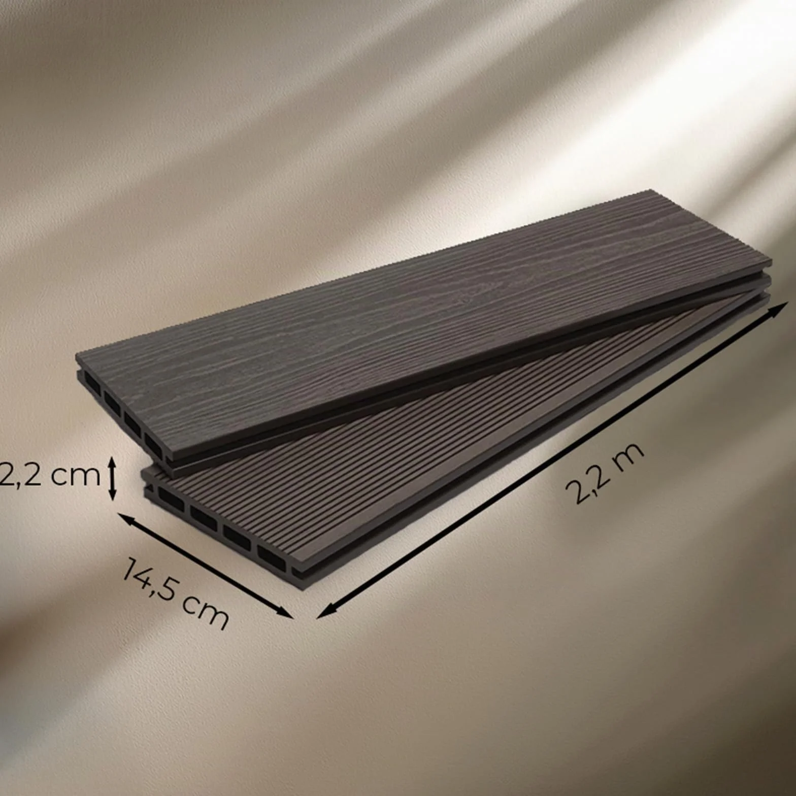 YOEVU | Pack 2 Lama de composite WPC | 2,2m x 14,5cm x 2,2cm, gris, marrón café | Resistente a la intemperie, antideslizante, fácil de instalar | Para terrazas y exteriores