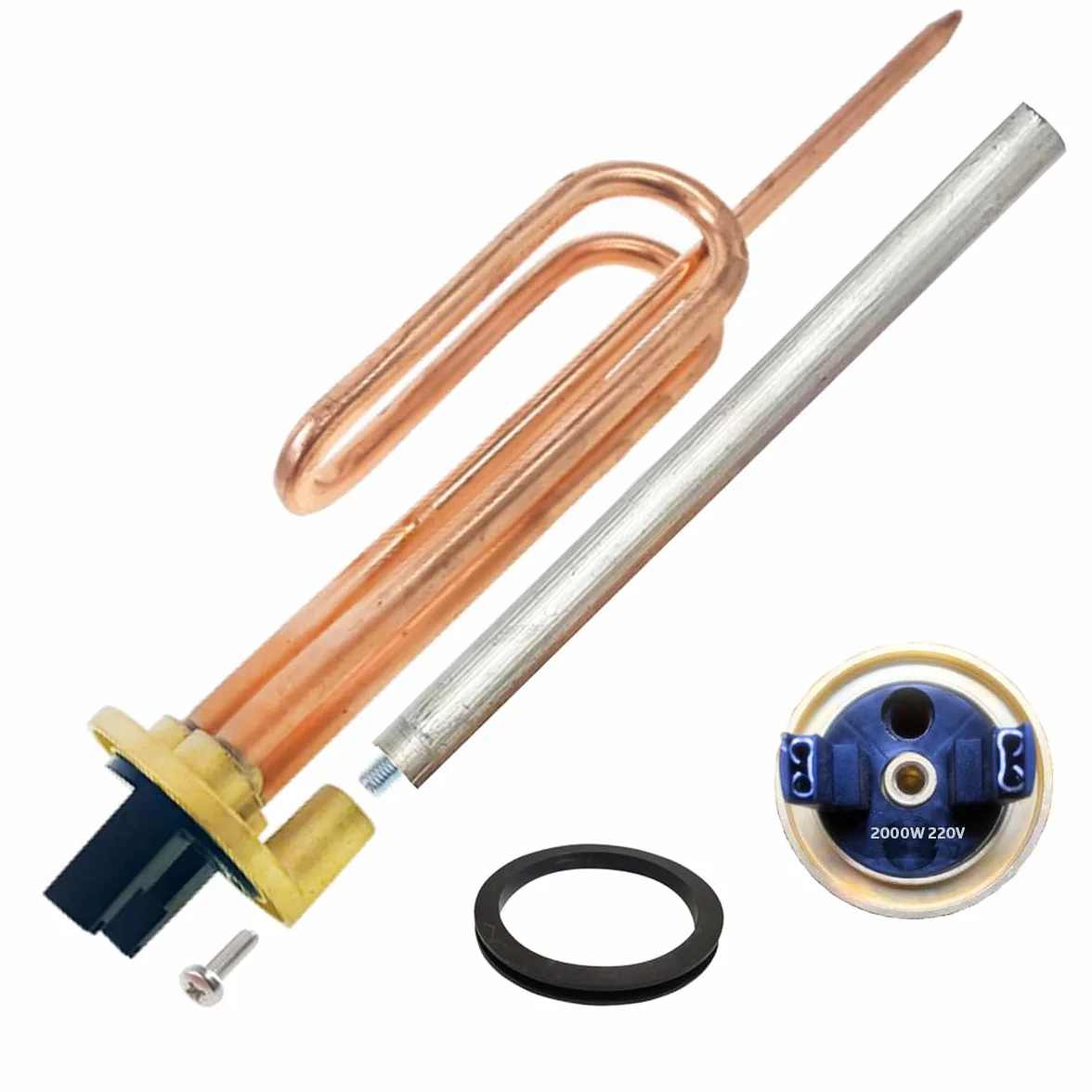GOLDMAN SERVICE Kit de Recambio Calentador de Agua Eléctrico: Resistencia Curva, Ánodo de Magnesio, Junta de Goma y Tornillo de Fijación. Compatible con Termos Eléctricos de Grandes Marcas (2000 W)