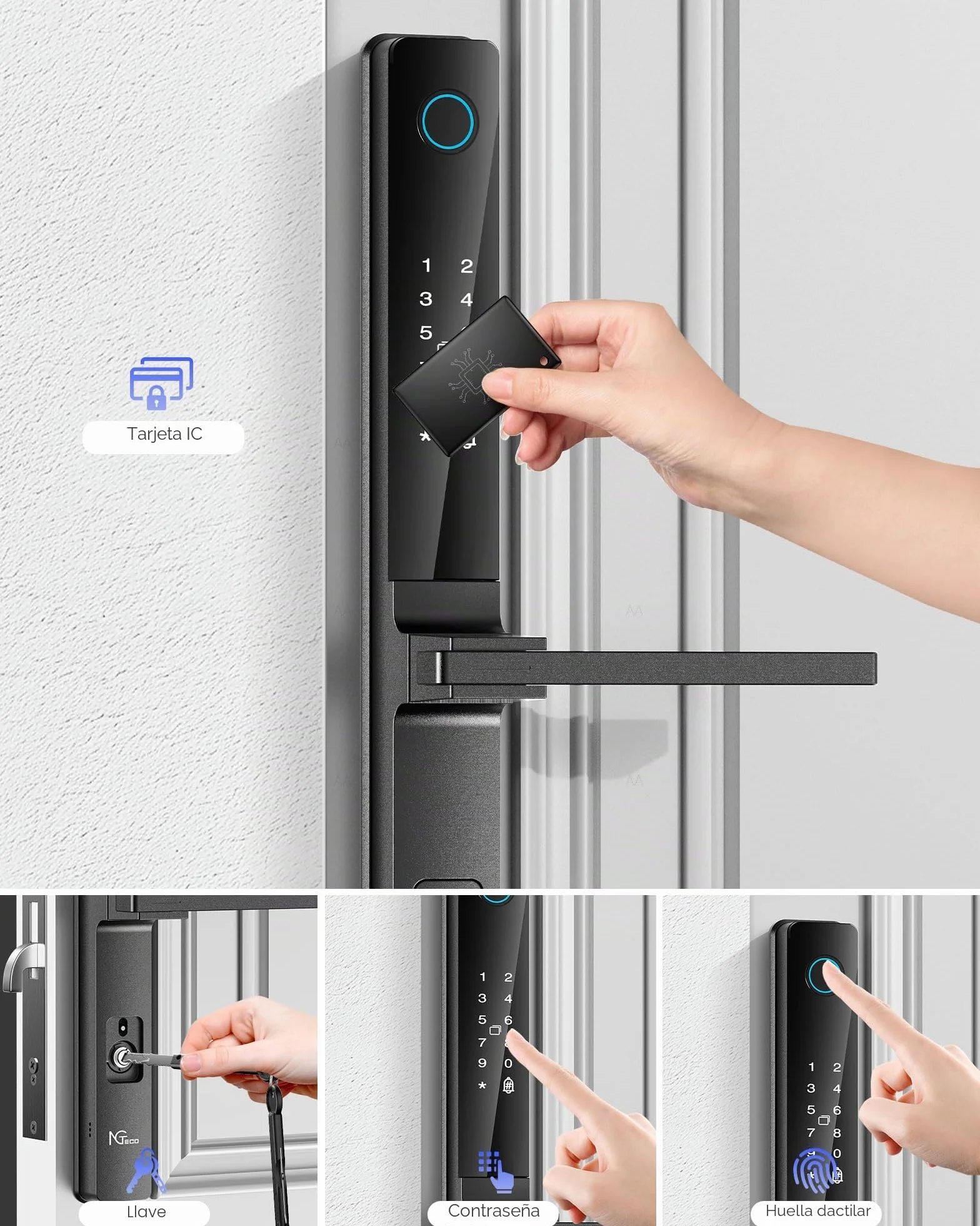 NGTeco Cerradura de puerta inteligente Cerradura de seguridad sin llave con huella digital, código, tarjeta IC, WiFi para puertas estrechas, control mediante aplicación, fácil instalación
