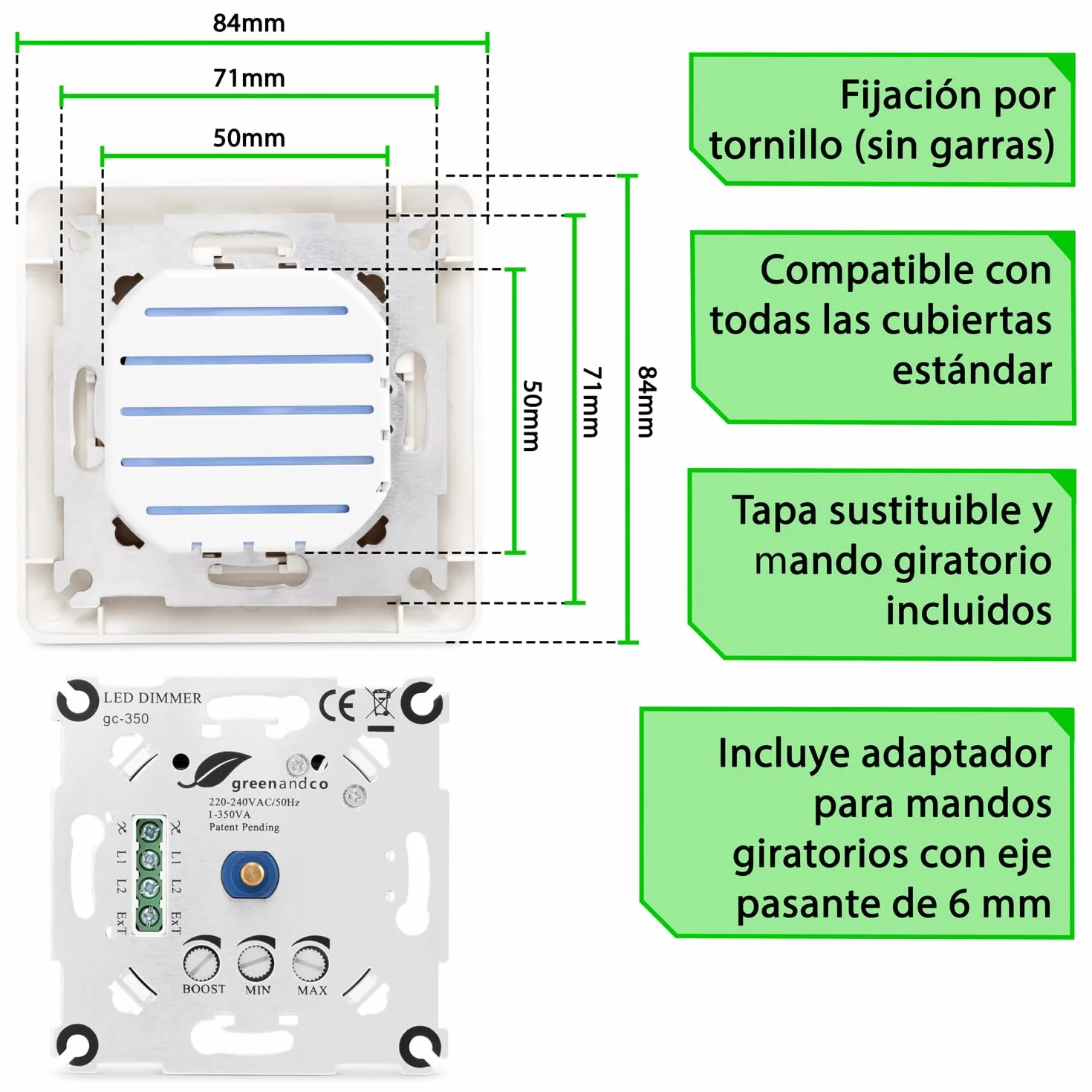 greenandco gc-350 regulador de intensidad LED giratorio | 1-350 W | también adecuado para circuitos con conmutador | función de disparo programable | empotrable | blanco