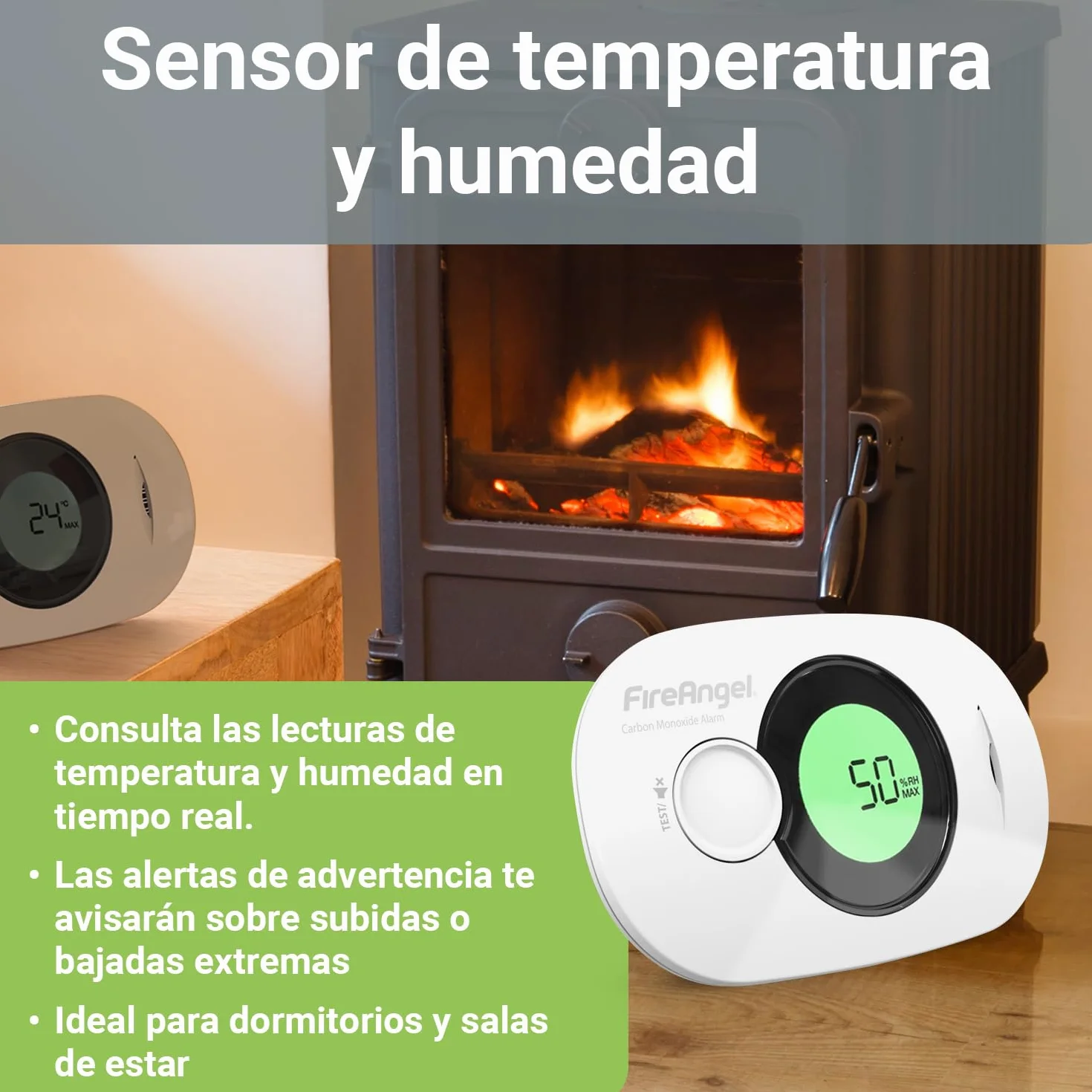 FireAngel Detector de Monóxido de Carbono Digital con Batería Sellada de 10 Años de Duración FA3322 - Alarma de CO, Humedad y Temperatura Portátil