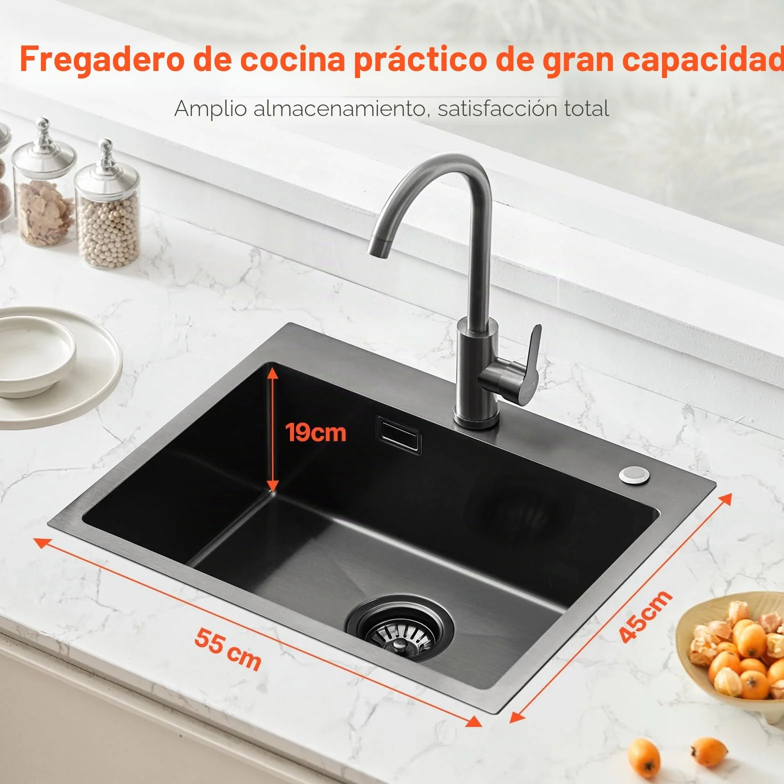 VEVOR Fregadero de Cocina con Montaje Superior de Acero Inoxidable 304, con Accesorios, Fregaderos de Lavavajillas Domésticos para RV, Cocina de Preparación y Barra, Negro, 550 x 450 x 190 mm