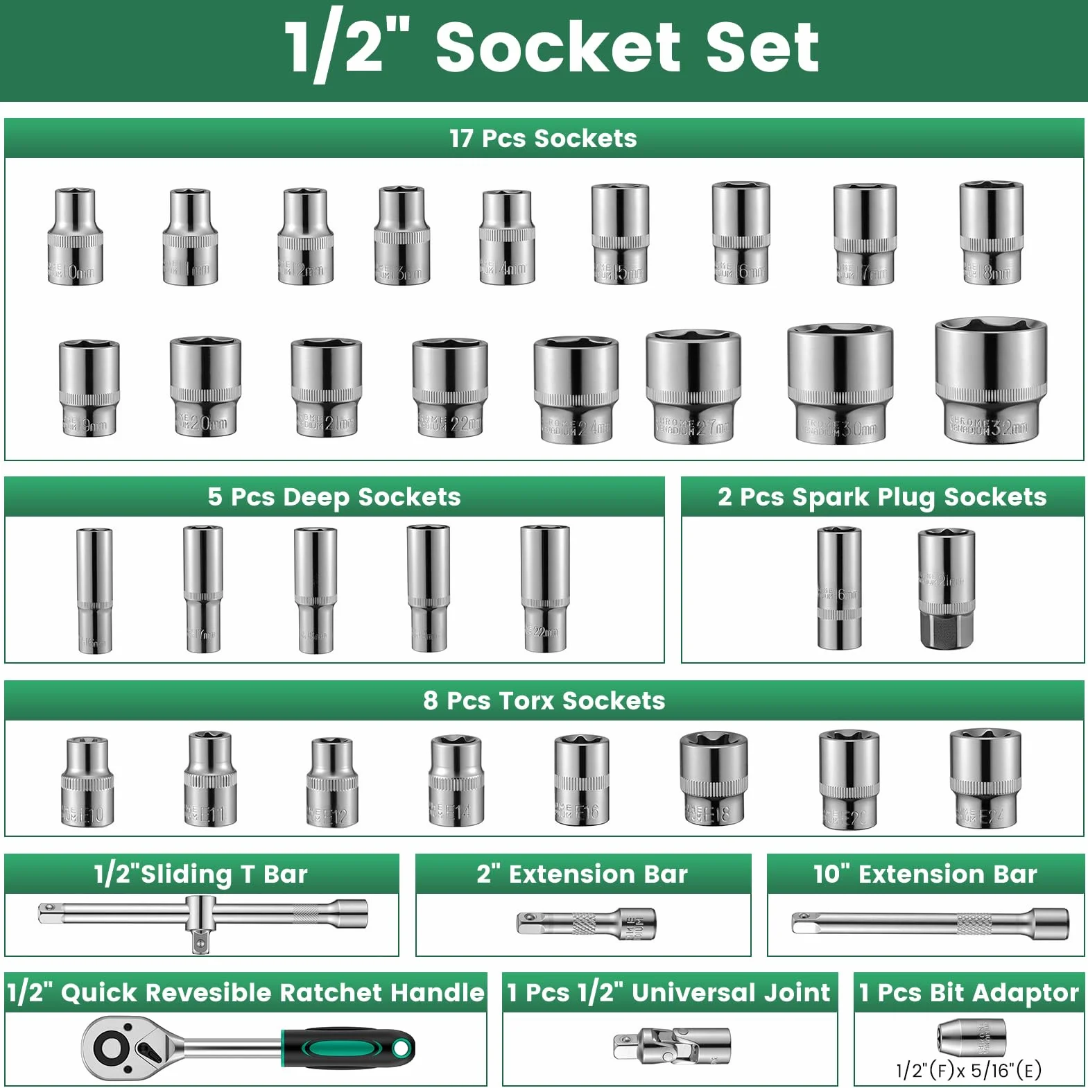 Ginour Juego de Vasos y Llaves de Carraca 138 Piezas 1/4" y 1/2" | Incluye vasos de acero CR-V, puntas, extensiones y adaptadores para reparación de automóviles, mantenimiento y bricolaje.