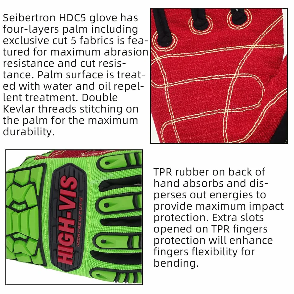 Seibertron HIGH-VIS HDC5 Level 5 Cut Resistant Deckhand Gloves High Performance Protection Impact Resistant Oil and Gas Safety Gloves CE EN388 4544EP S with 1 black clip