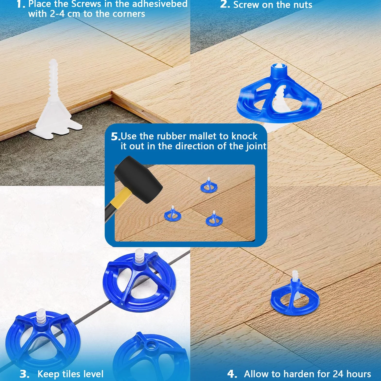 Deuvuo Sistema de nivelación de azulejos de 1,5 mm, 300 piezas, revolucionario juego de nivelación de azulejos, 200 lengüetas roscadas y 100 capuchas, herramienta para colocar piedras y suelos