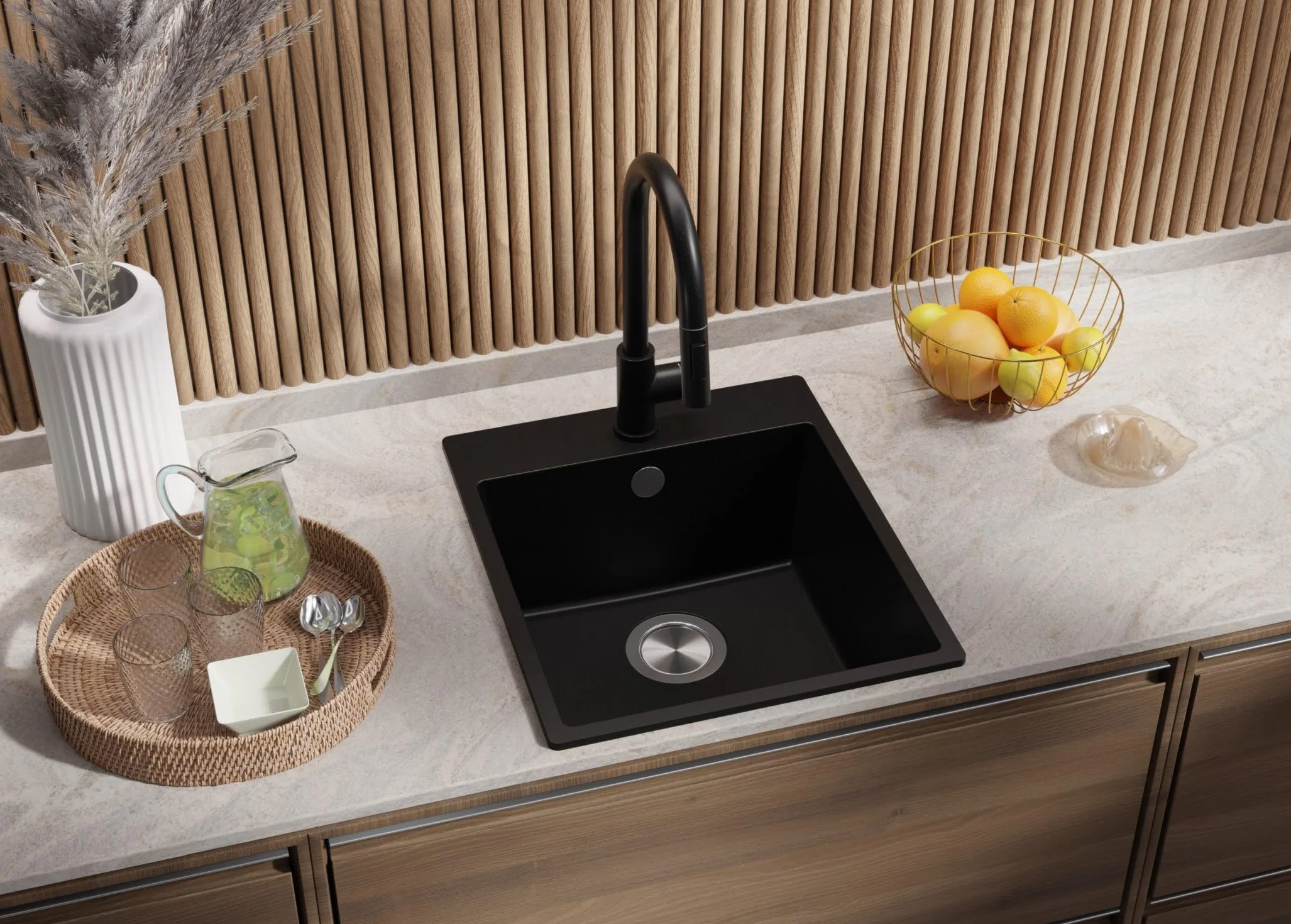 PRIMAGRAN Fregadero Cocina Negro 43x50cm, Granito 1 Seno + Sifón, Sobre Encimera al Mueble 45cm - Riga S125