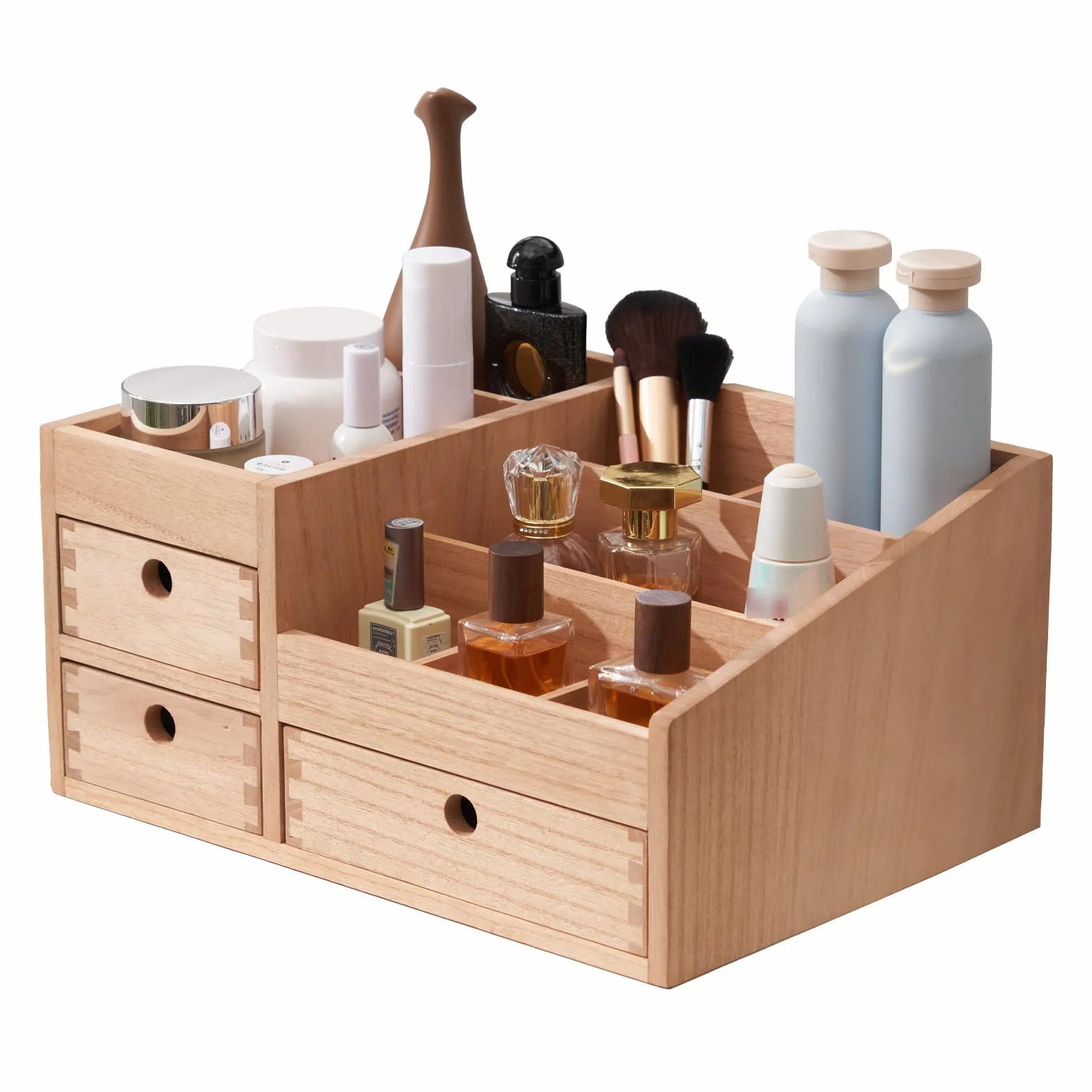 KIRIGEN armario organizador de maquillaje de madera mesa organizador de cosméticos joyero caja de almacenamiento 8 compartimentos caja expositora de maquillaje con 3 cajones color natural