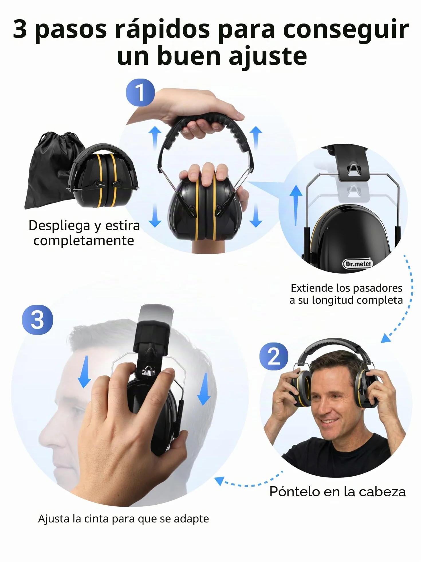 Dr.meter Cascos Antiruido Adultos 31dB Ajustables Protectores Auditivos para Trabajo Construcción Tiro Deportivo Estudio Negro Amarillo