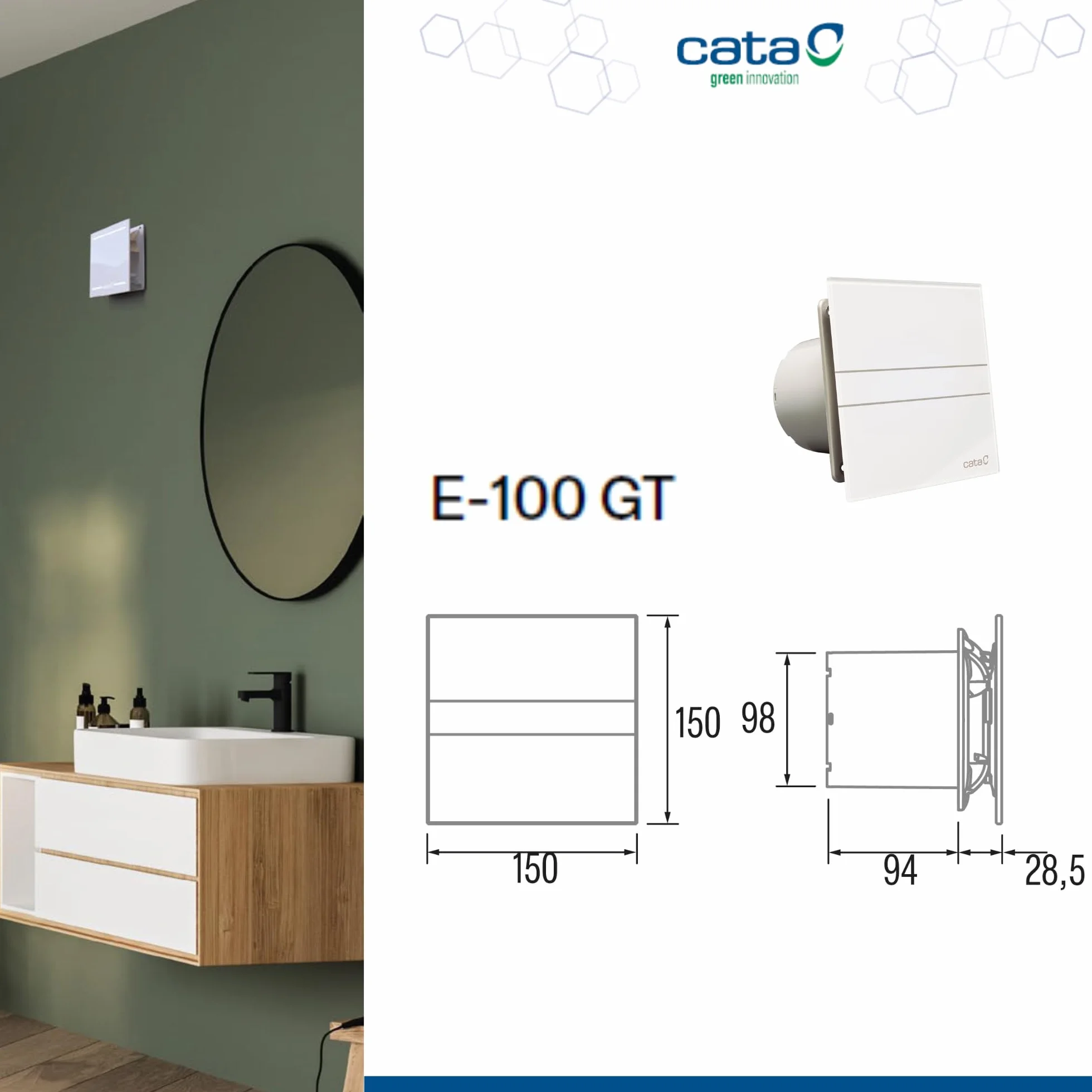 Cata e 100 GT Modelo E-100 baño silencioso, Serie e Glass, Bajo Consumo, Ventilador Extractores de aire, Alta Eficiencia Energética, 8 W, 230 V, Cristal Blanco