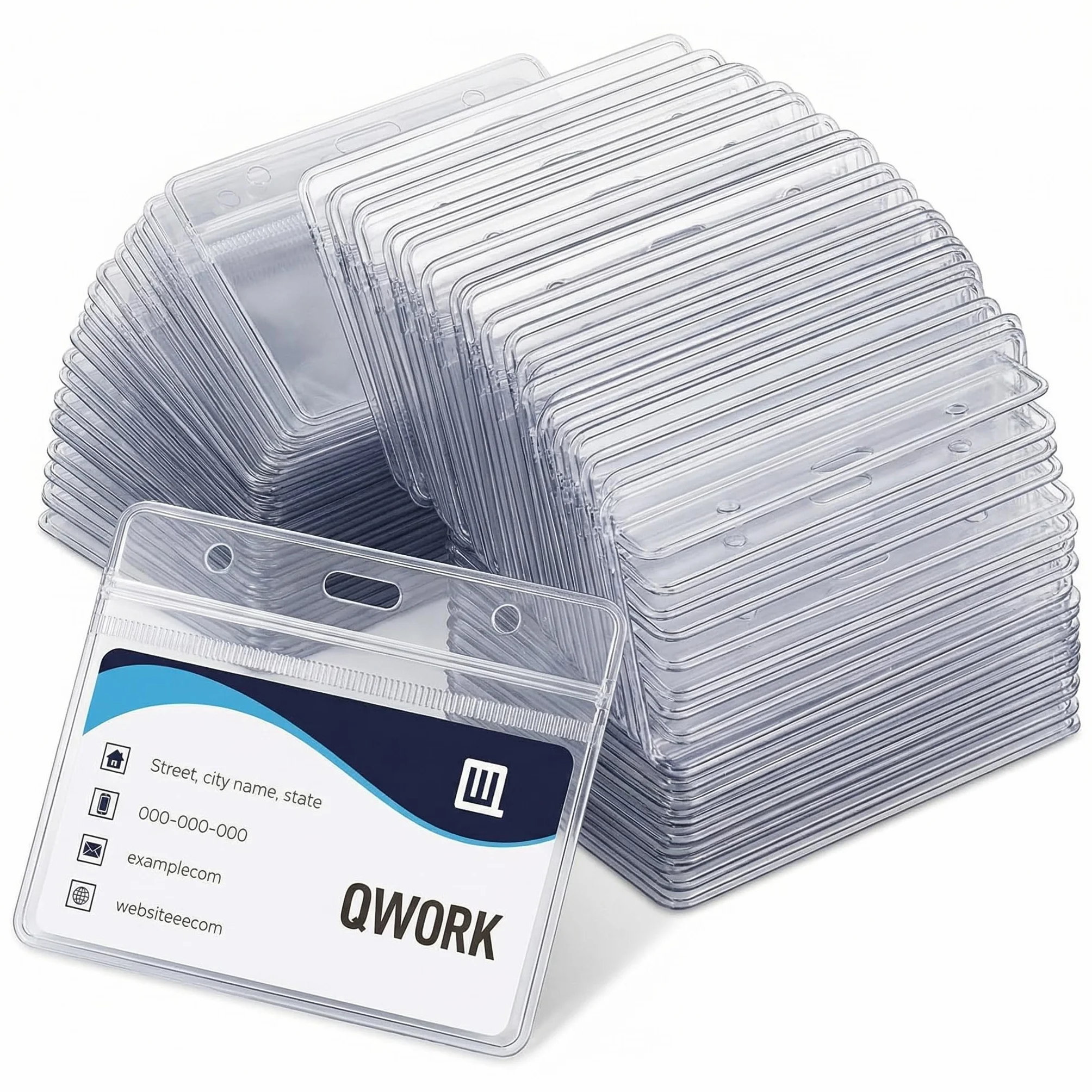 QWORK Paquete de 100 Tarjeteros Horizontales 100x82 mm Funda de Tarjeta de Identificación Transparente para Tamaño de Tarjeta 88x55 mm