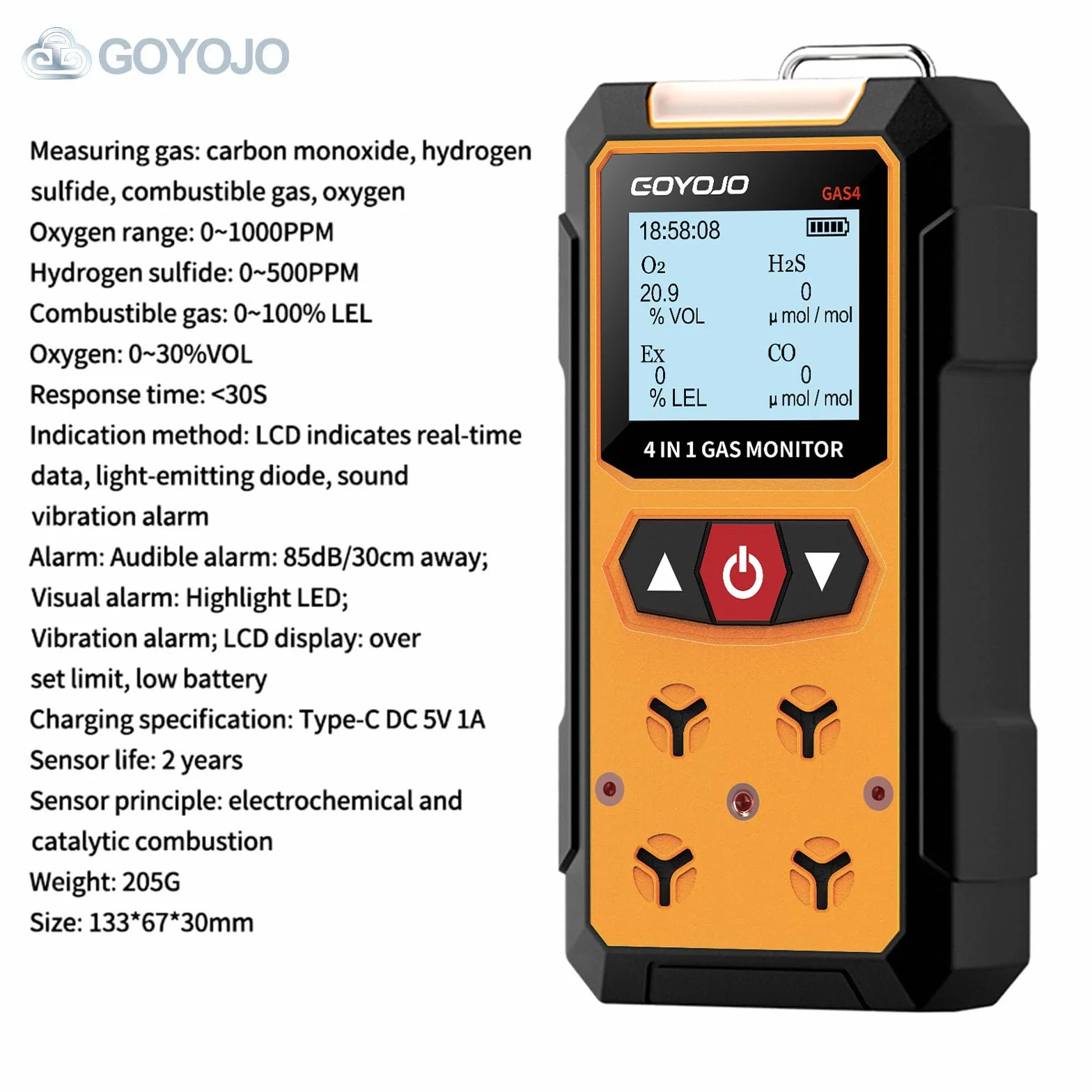 GOYOJO Detector de Fugas de Gas 4en1 (H2S,EX,O2,CO)Monitor de Seguridad Confiable para el Hogar y el Lugar de Trabajo con Detección Precisa, Recargable, Construcción Resistente y Alertas Instantáneas