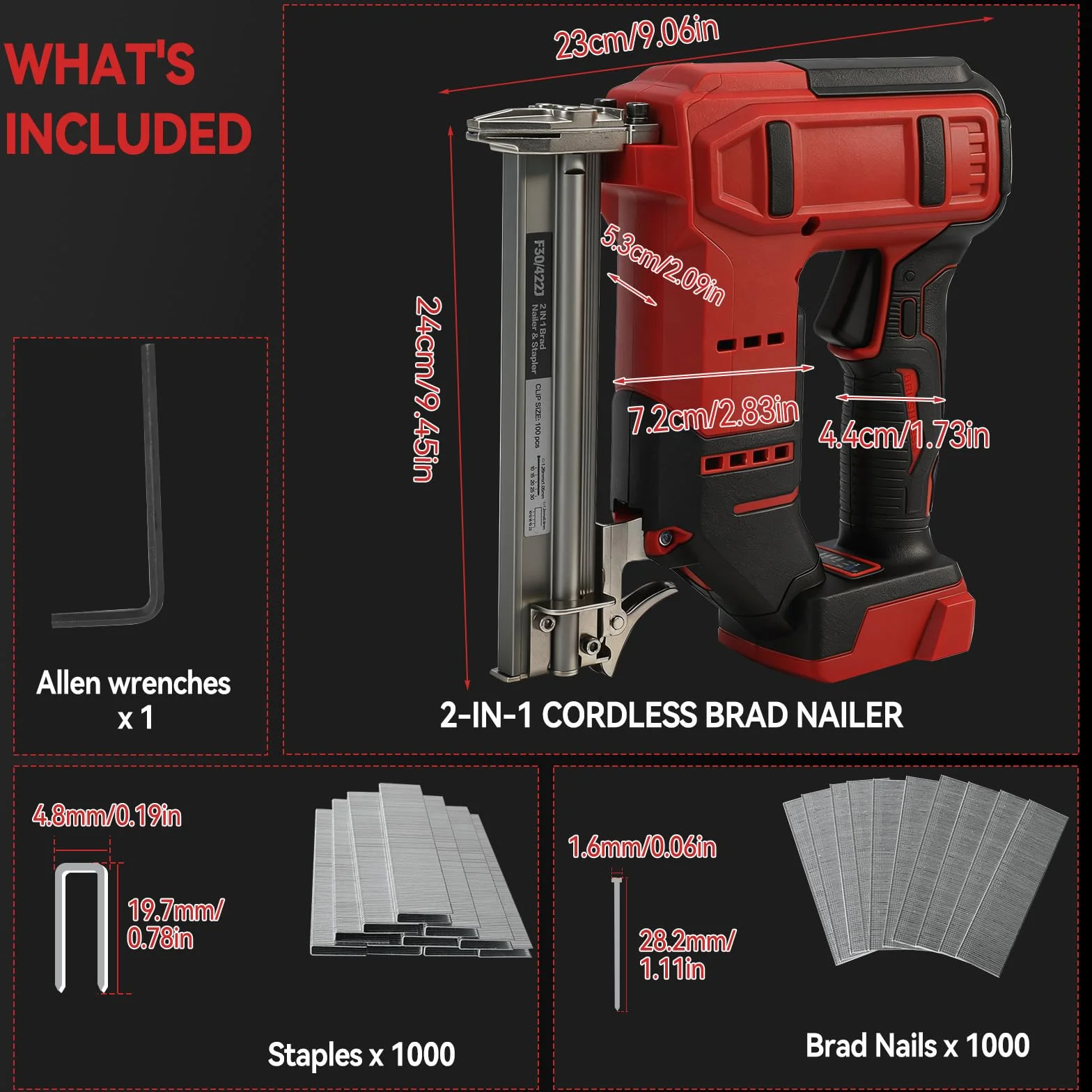 Clavadora inalámbrica para batería Milwaukee de 18 V, pistola de clavos de batería de 18 GA, grapadora eléctrica 2 en 1 con 1000 clavos y 1000 grapas para mejoras del hogar (solo herramienta)