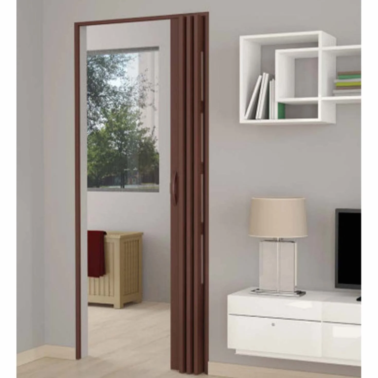 Puerta plegable de interior en kit con cristales de PVC nogal 82 x 210 cm mod. Sonia