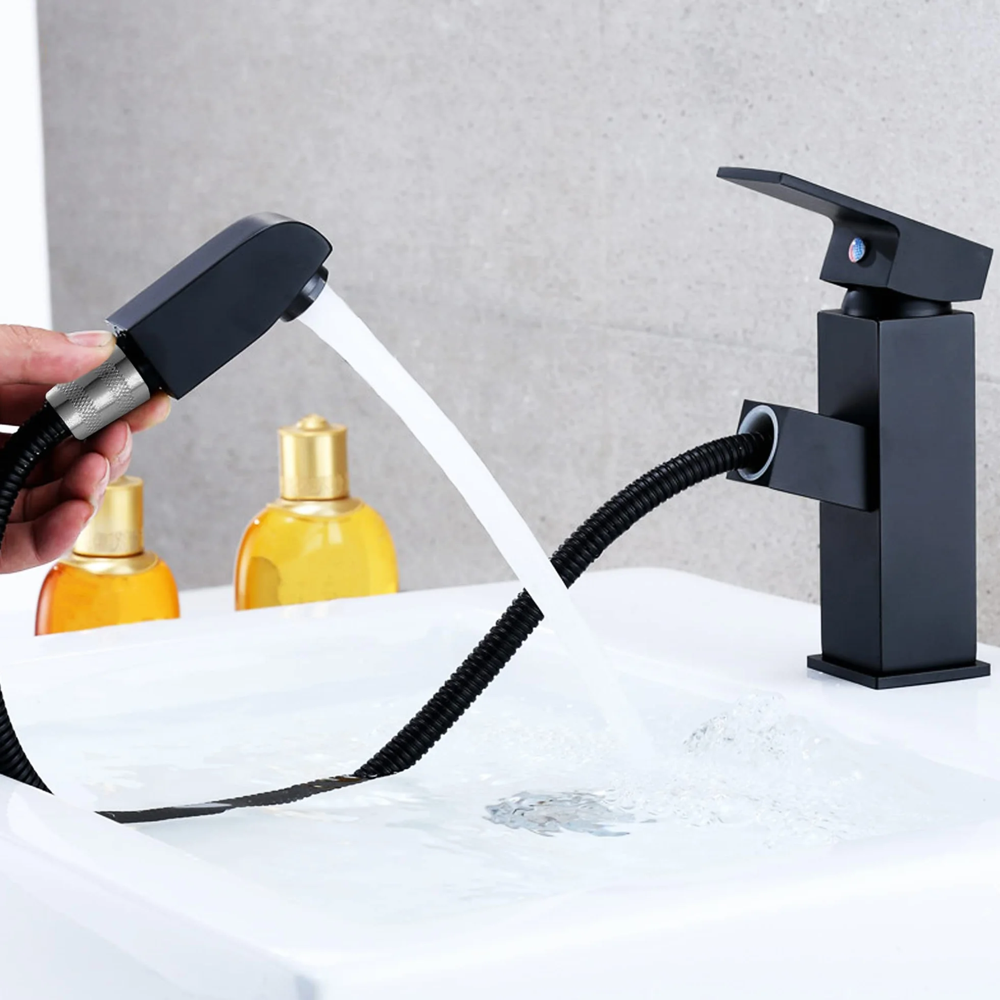 Grifo lavabo negro extraible extensible acero inoxidable monomando agua fria y caliente 2 mangueras incluidas grifo baño negro