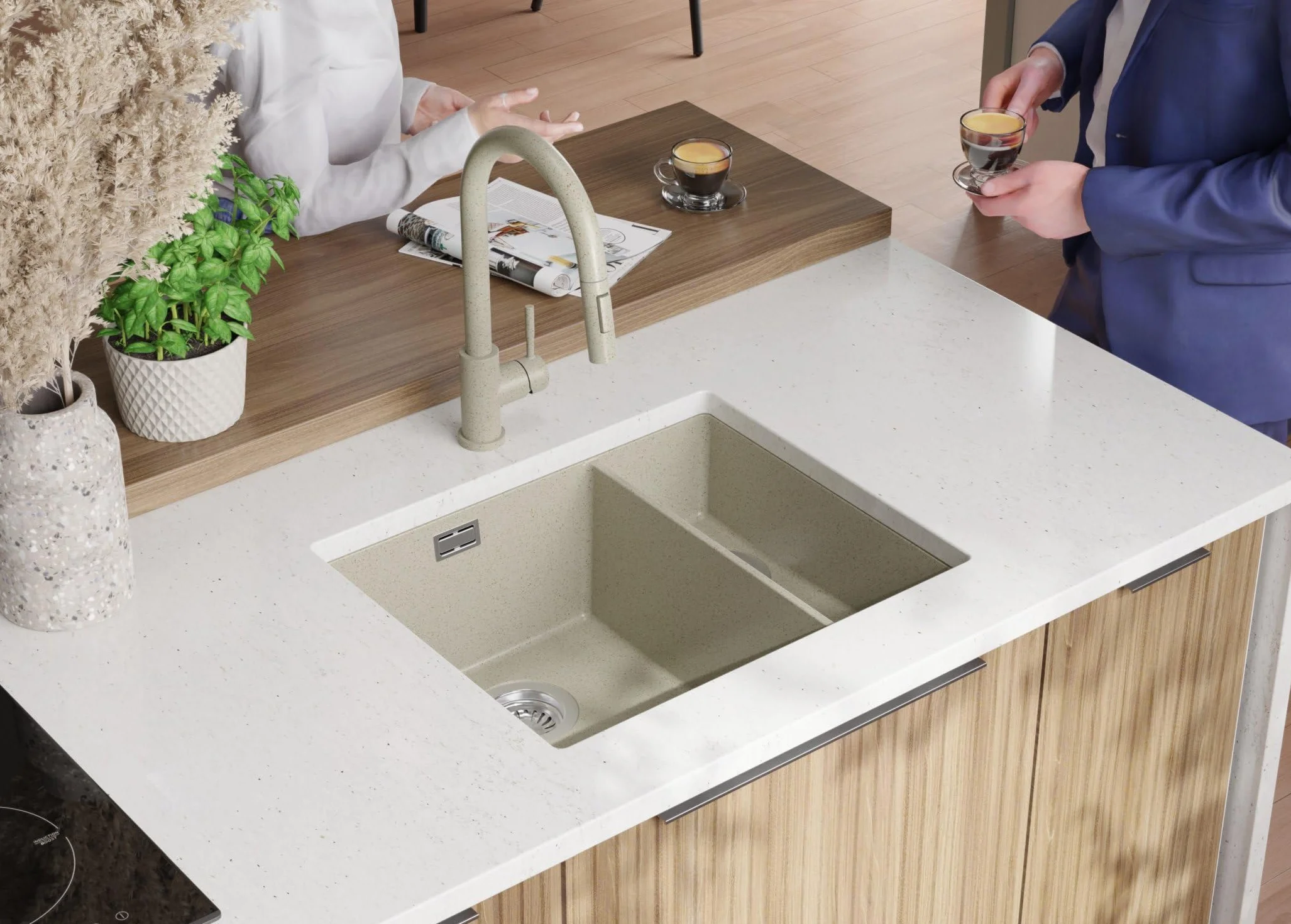 Fregadero bajo Encimera Beige 56x47cm, Fregadero Cocina 1,5 Senos + Sifón, Granito al mueble 60cm - London Duo de Primagran
