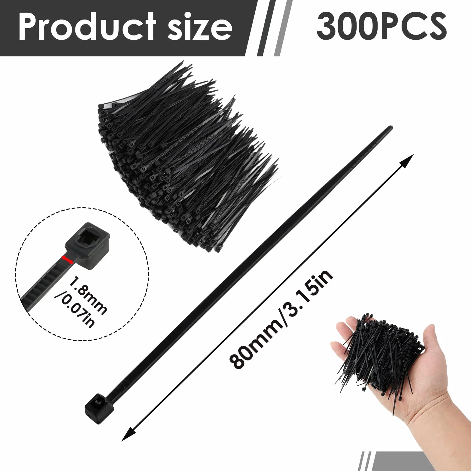 Bridas para Cables de Nylon Negro, Autoblocantes, 80mm x 1.8mm, para Organización de Cables, Electrónica y Bricolaje, Resistentes al Calor Resistente y duradero bridas pequeñas (300)