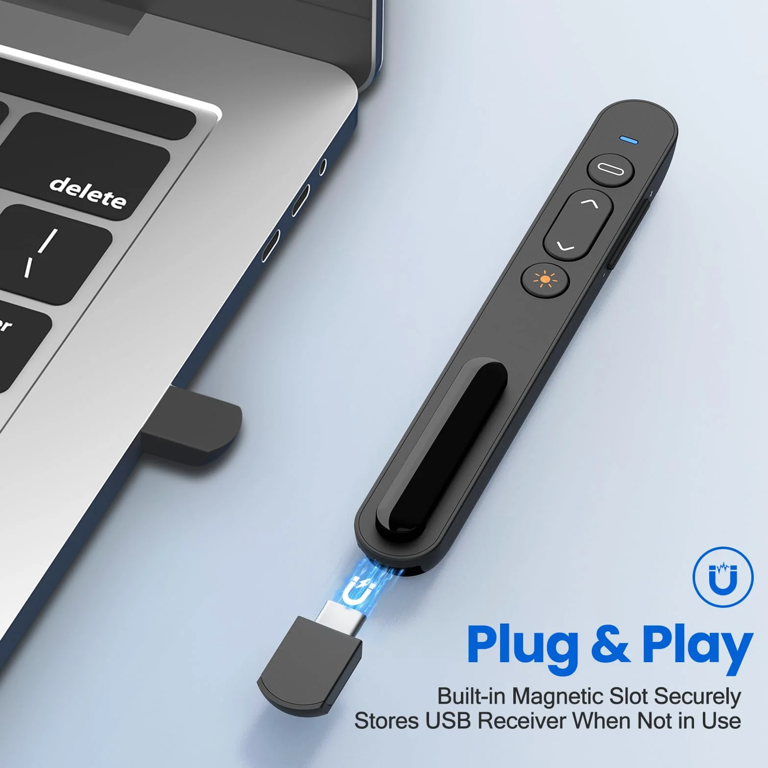 Puntero Presentador Inalámbrico 2,4 GHz con Receptor USB-C Control Remoto para Presentaciones, Hipervínculo y Volumen
