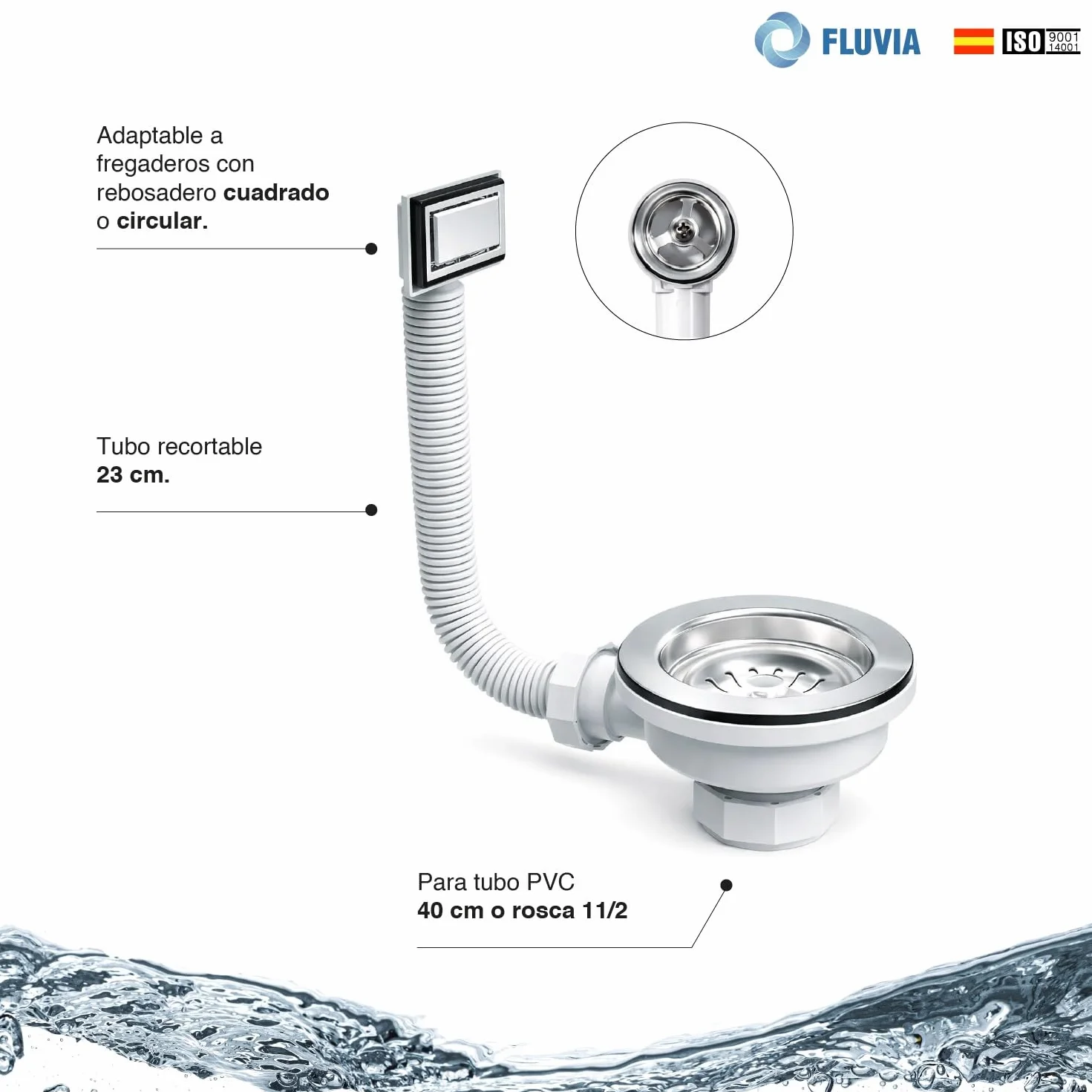 Válvula de Desagüe para Fregadero de Cocina 115 mm con Rebosadero Cuadrado o Circular – Evita Atascos y Fugas, Cesta Filtrante y Tubo Ajustable – Instalación Fácil para Reformas | FLUVIA