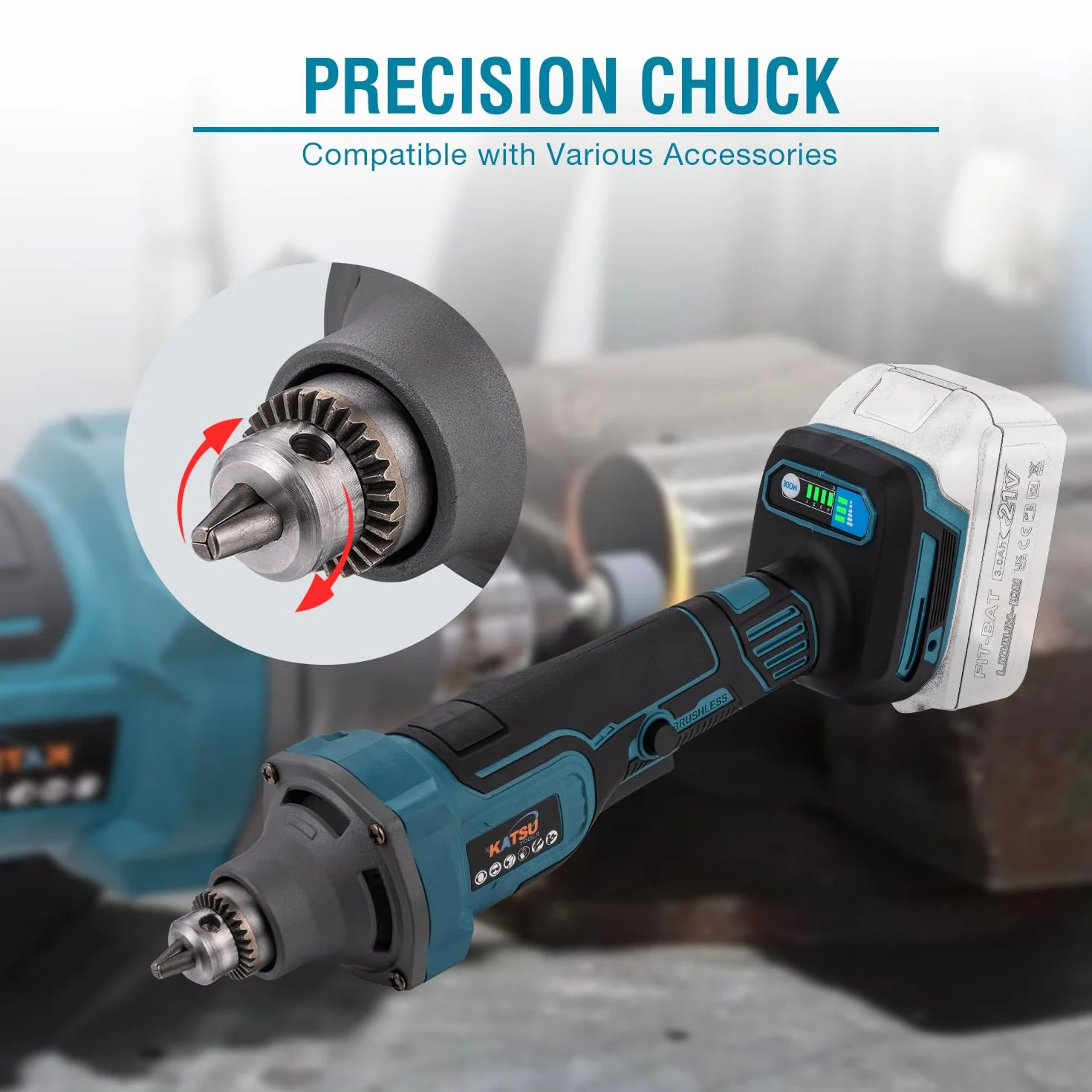 KATSU FIT-BAT 21V Brushless Amoladora Recta a Batería sin Escobillas, 6mm Portafresas, 4 Velocidades Variables y Interruptor de Seguridad, sin Batería ni Cargador 102324