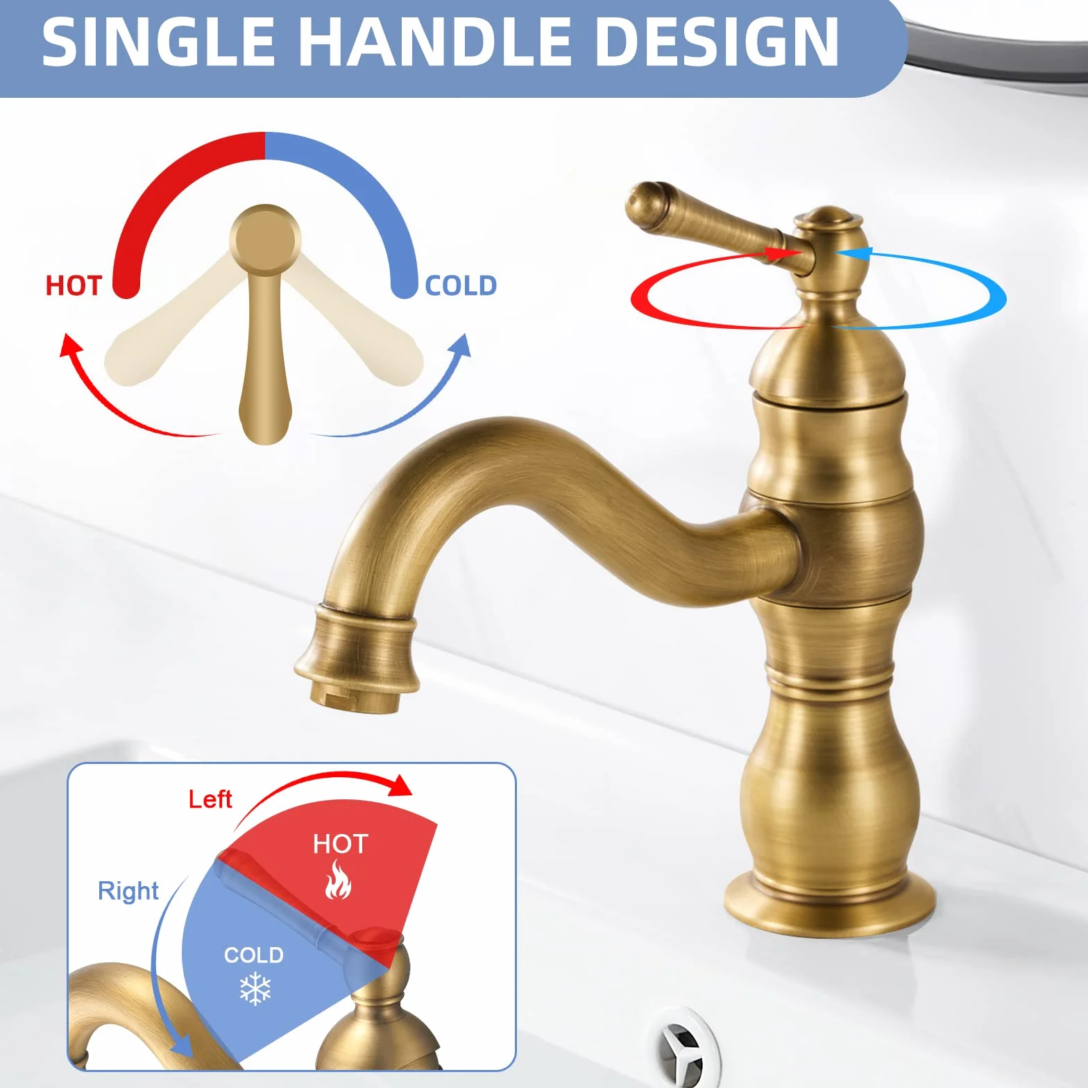 kisimixer Grifo Lavabo Vintage, Puede Girar 360 ° Grifo Monomando Lavabo, Grifo Baño Lavabo de Latón, Solo Agujero Grifo de Lavabo Baño Antiguo con Aireador, Acabado Dorado Estéril
