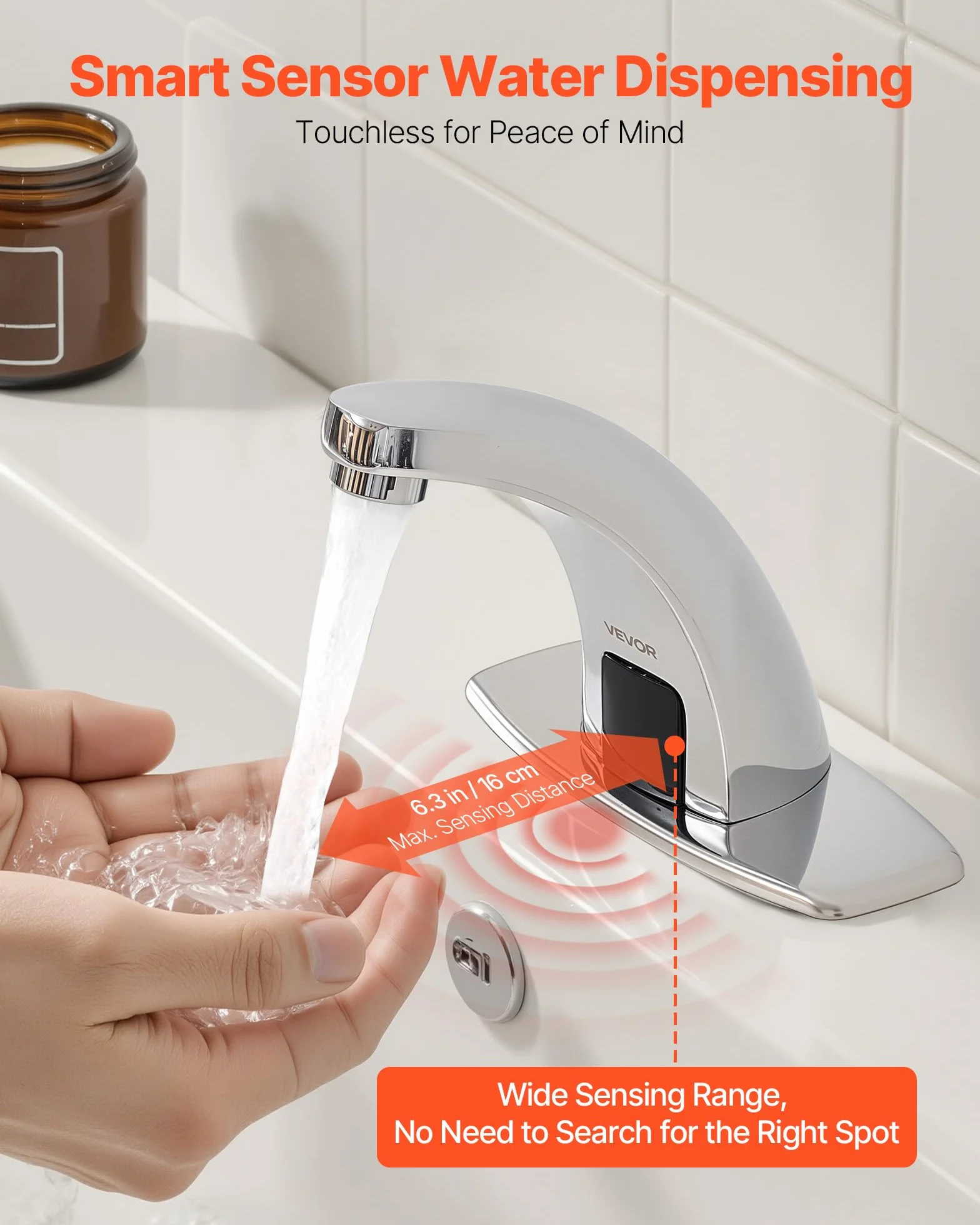 VEVOR Grifo de Lavabo sin Contacto, Grifo Automático para Baño de Solo Agua Fría, Aleación de Zinc, Diseño Delfín, con Tapa G233, Resistente a la Oxidación, 160 x 45 x 125 mm, Cromado Plateado