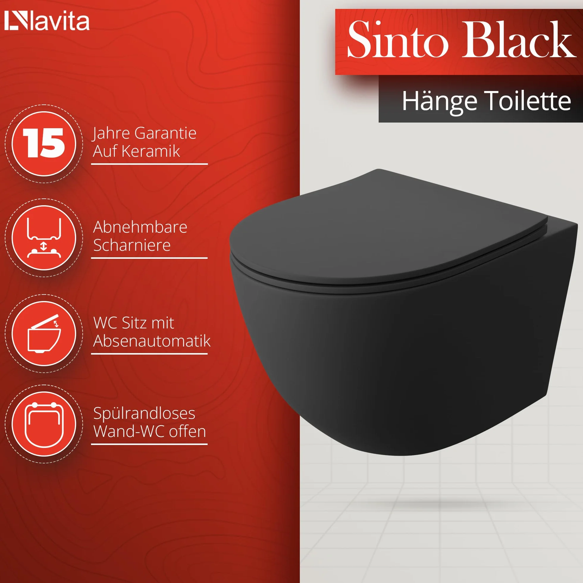 LAVITA | Elemento de pared Solido + pared colgante de inodoro Sinto negro sin borde + asiento de inodoro SoftClose | Botón dorado | Juego completo | cisterna empotrada | inodoro completo