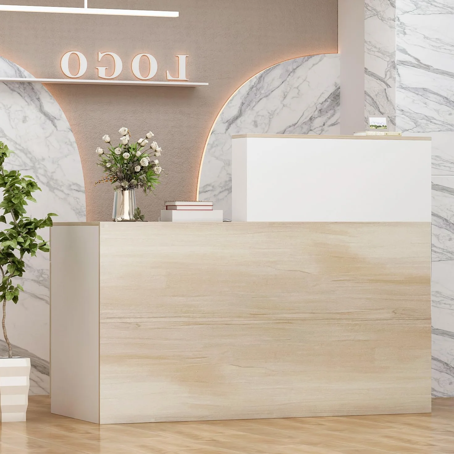 Mesa de recepción con compartimentos abiertos, 1 cajón y 1 armario, color madera y blanco, 140x60