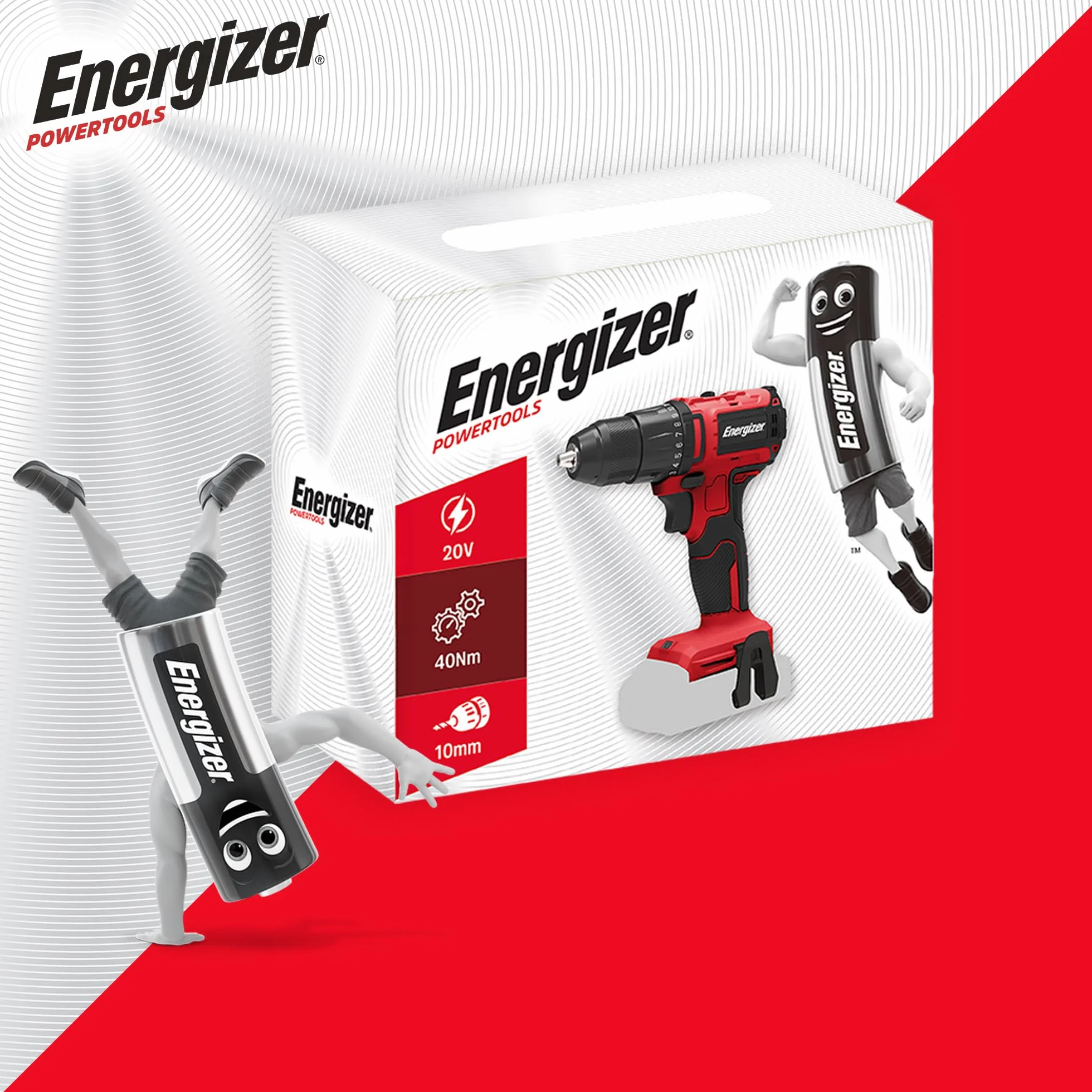 Energizer - Taladro atornillador inalámbrico 20V ultraligero, torque 40 Nm, 2 velocidades (1850 RPM), portabrocas de 10 mm, incluye 2 baterías 20V 2AH + cargador rápido, herramienta de alto rendimient
