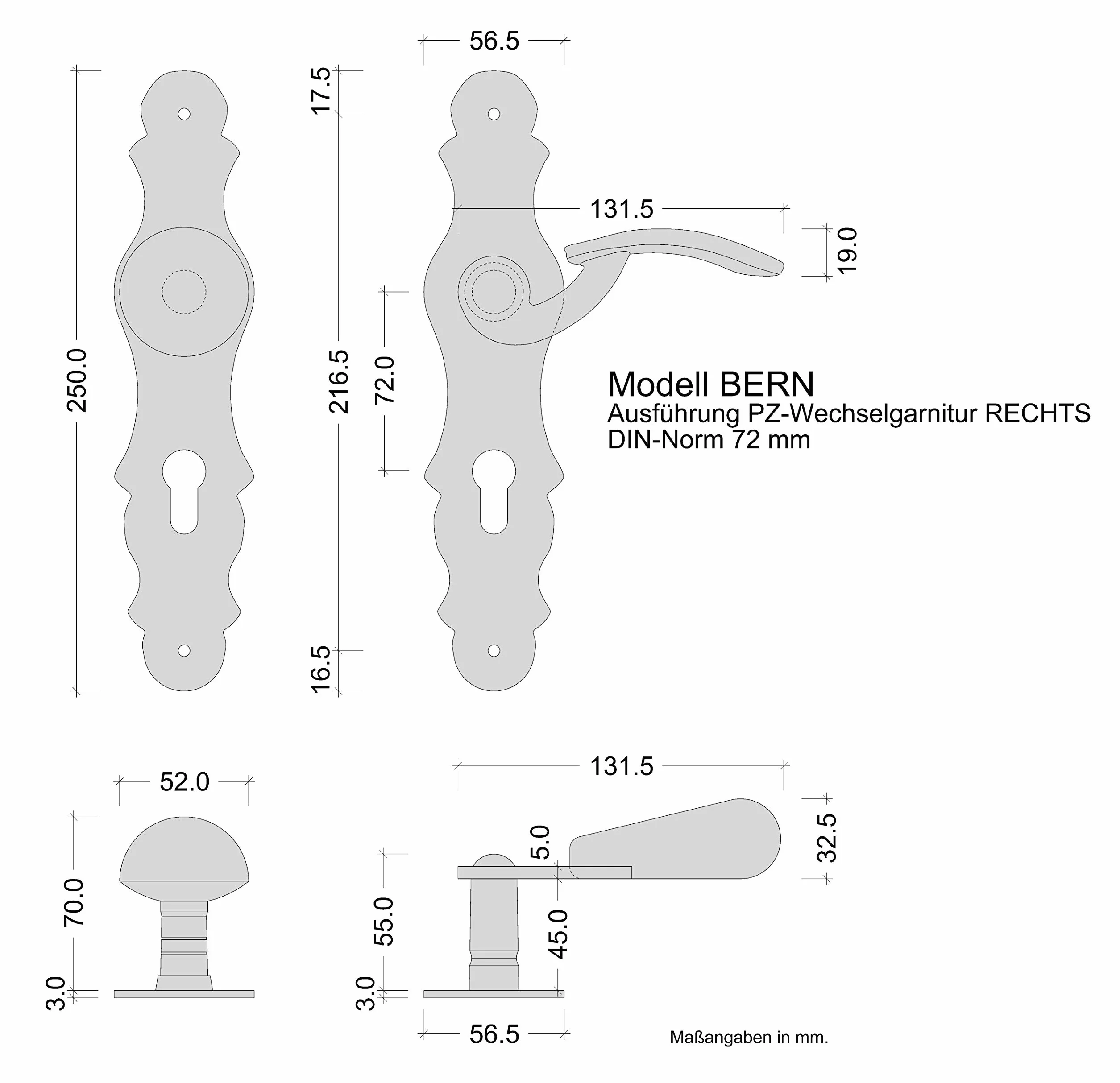 GedoTec Cortina de intercambio BOTÓN PULSADOR Herraje puerta Manijas de puerta en Placa larga Modelo BERN Antiguo Hierro forjado PZ 72 mm Izquierda Pomo puerta pintado de negro/plata patinado - rechts