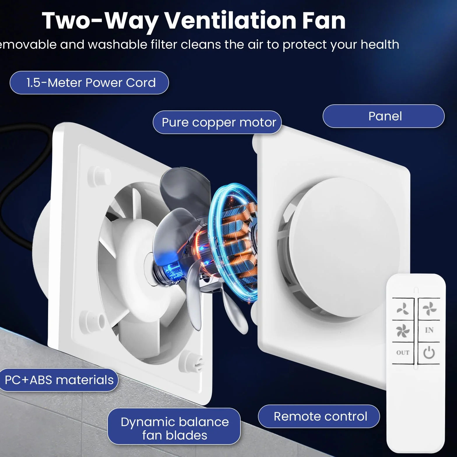 Ventilador extractor de 100 mm VMC para baño, 130 m³/h, ahorro de energía, con mando a distancia, 2 direcciones, 3 velocidades, potente ventilación, para baño, cocina, inodoro