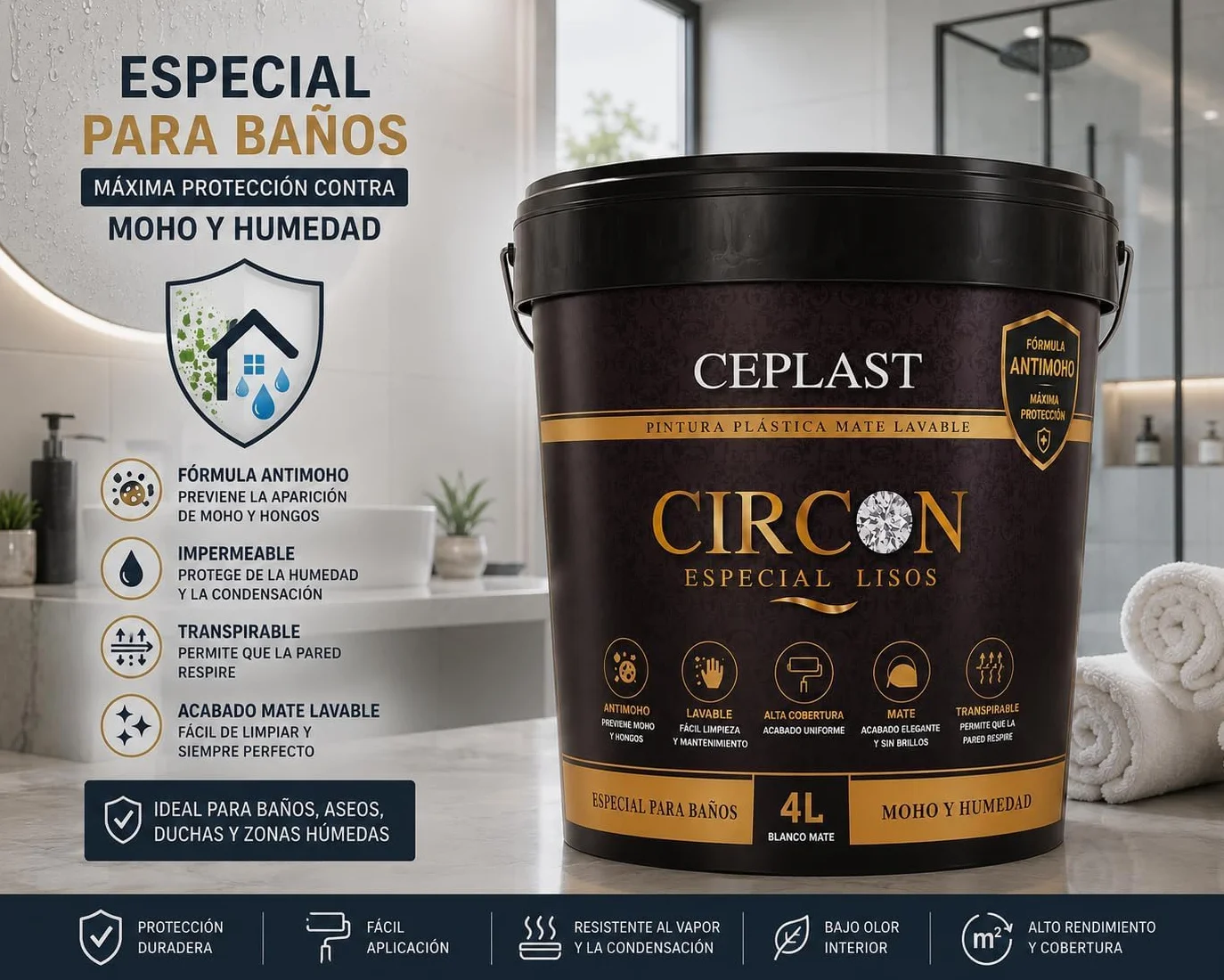 Pintura Antimoho CIRCON Interior Mate | Protección Contra Humedad, Moho y Condensación | Alta Cobertura y Acabado Profesional | Disponible en 0,75L, 4L (4 Litros)