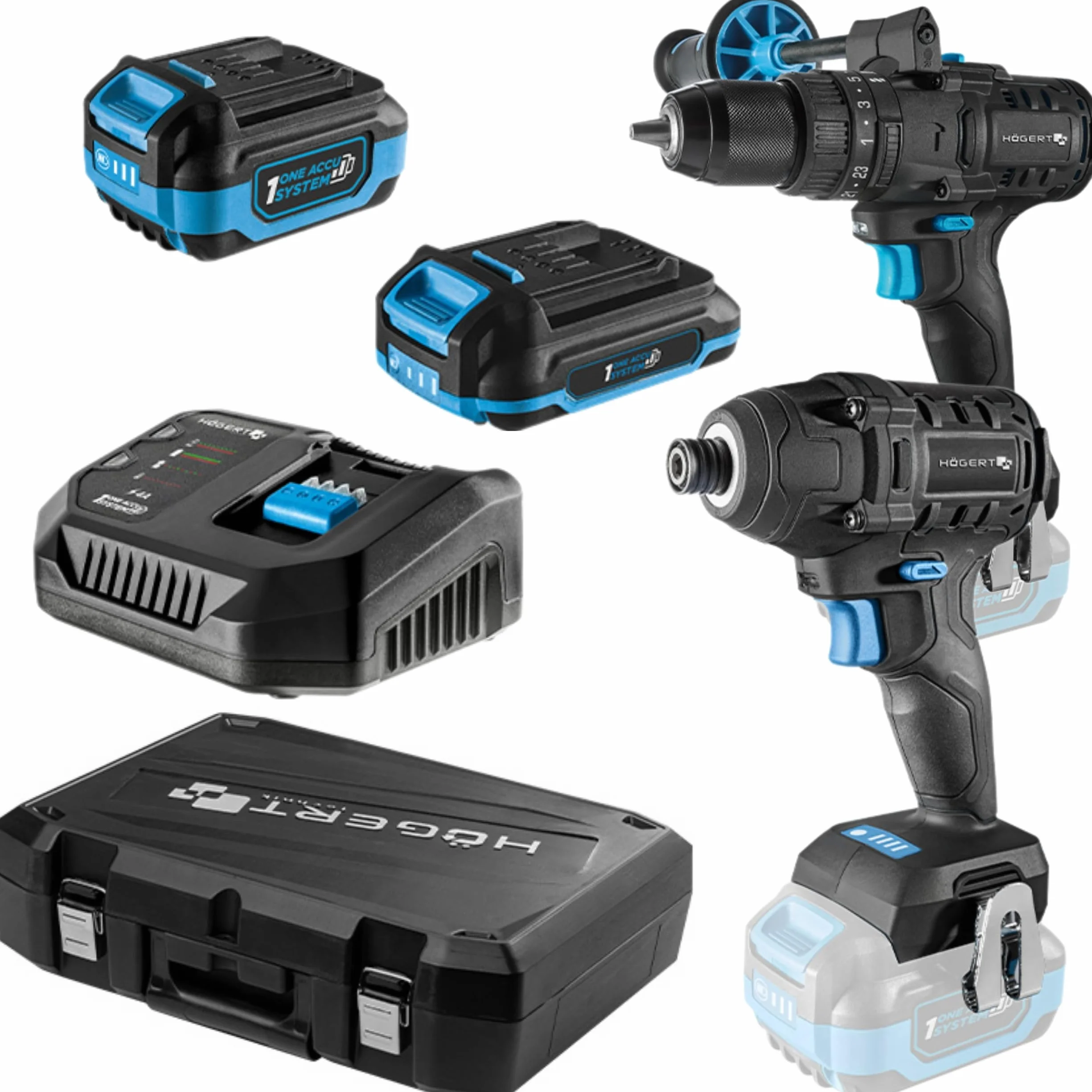HÖGERT TECHNIK Set de taladro percutor a batería 18V, 200 Nm y 100 Nm, 2 atornilladores de impacto sin escobillas, 2 baterías, cargador 4A, iluminación LED, engranaje metálico, para madera y metal