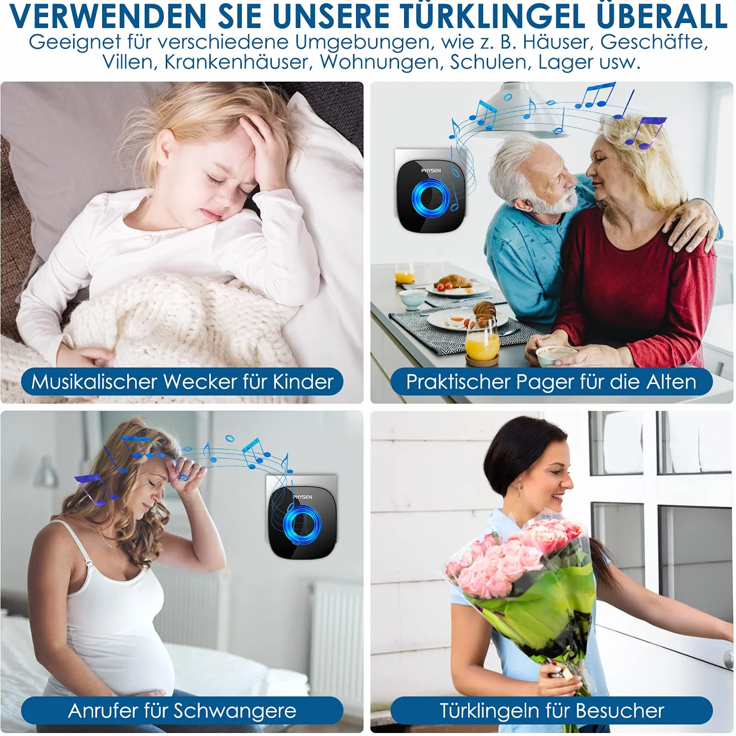 PHYSEN Timbre Inalámbrico Exterior Impermeable IP55, 400M Alcance Doorbell, Kit de Timbre con 3 Receptor + 2 Transmisor, 58 Melodías 5 Niveles de Volumen (0-110dB), Indicador LED, Fácil Instalación