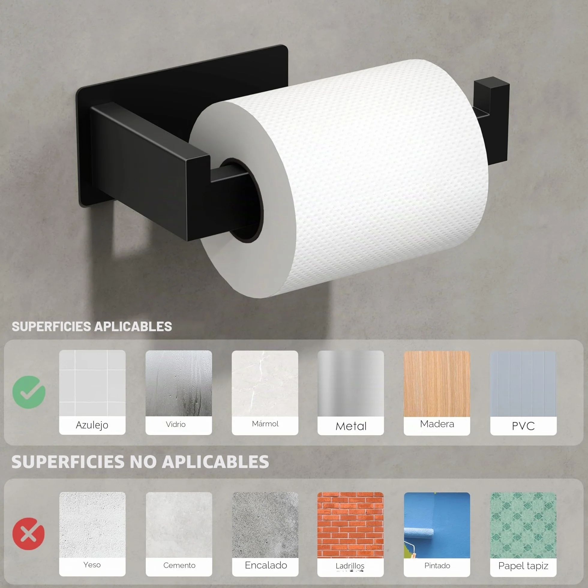 Portarrollos Papel Higienico Acero Inoxidable 2 Piezas Adhesivo Negro Auxmir