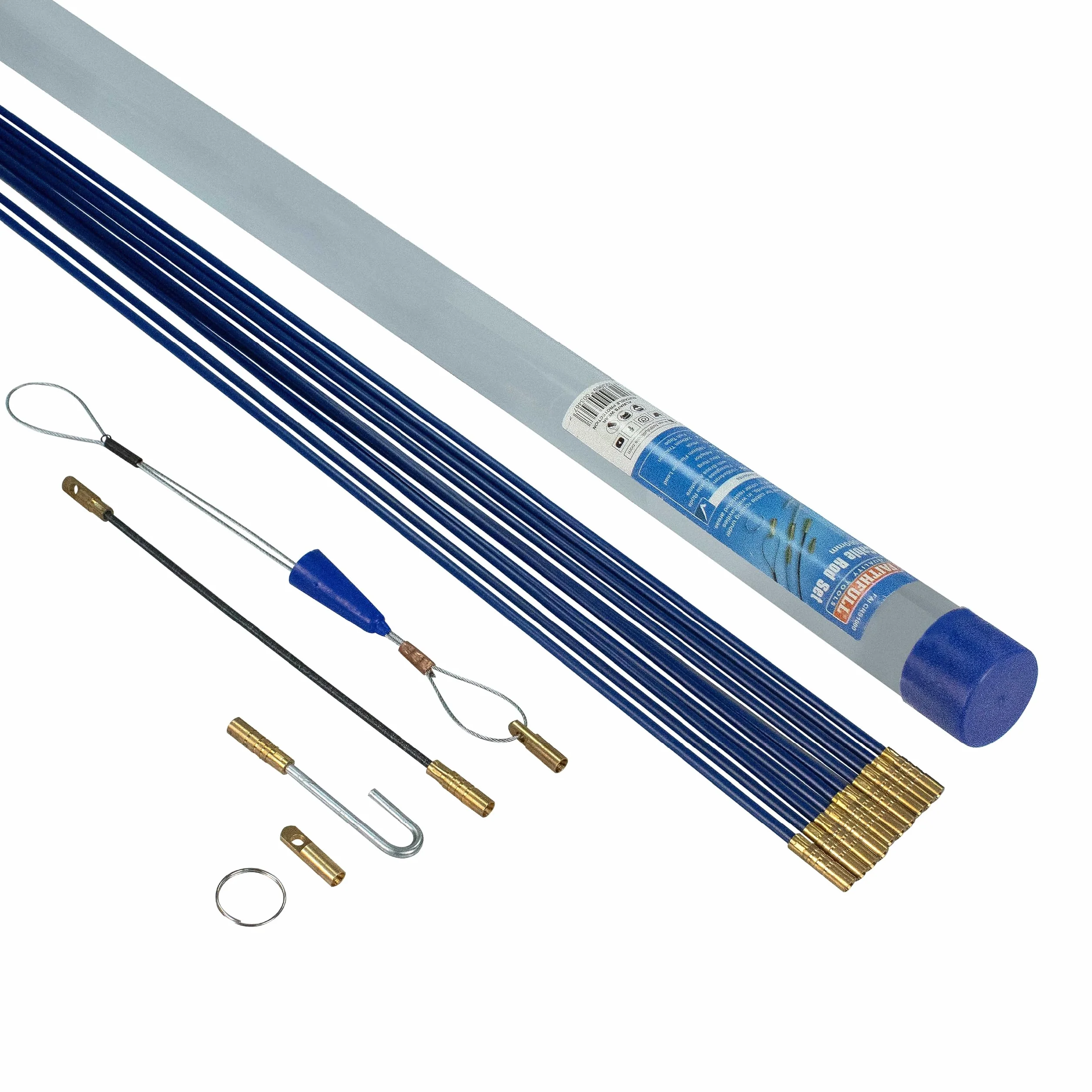Kit de tire-câbles Faithfull – 10 mètres, 4 mm de diamètre – Kit de 15 pièces comprenant 10 tiges en fibre de verre de 1000 mm, un tire-câble de traction et un tube de rangement