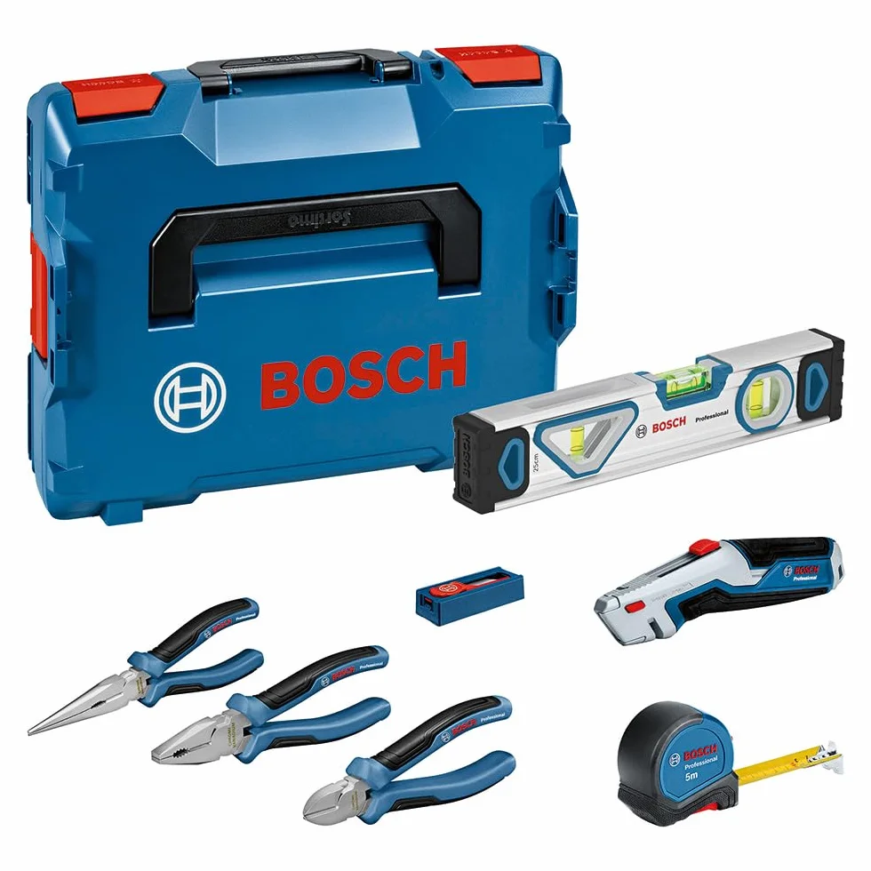 Bosch Professional set herramientas profesionales, 10 piezas (incl. 2 alicates, 1 cúter, 1 cinta métrica, 1 nivel de burbuja de 25 cm, 1 cuchilla, 10 hojas de repuesto, 2 bandejas para L-BOXX, L-BOXX)