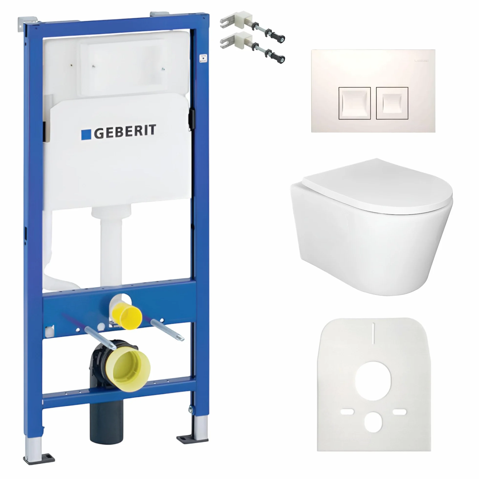 Lavita Conjunto: elemento de pared Duofix Basic WC de descarga profundaVersoni blanco sin reborde con sistema de descarga Tornado+asiento de WC con cierre automático+con botón blanco Conjunto completo