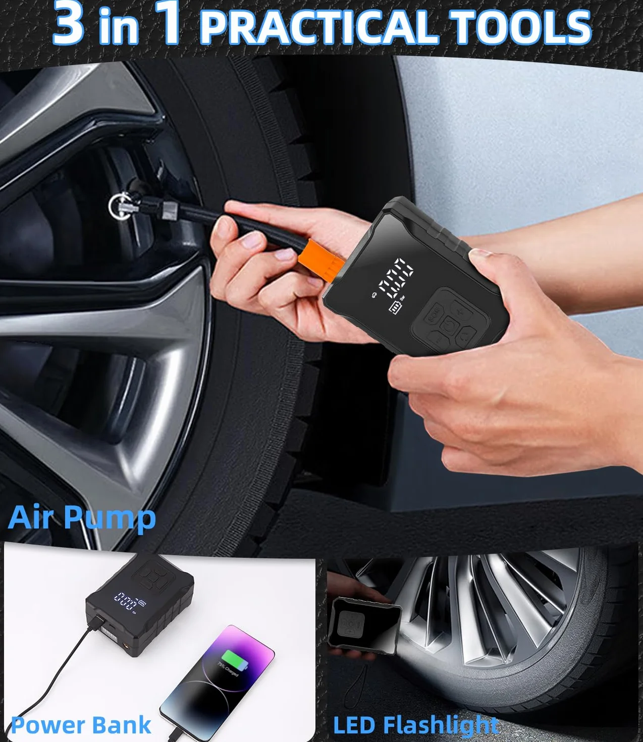 Hinchador de aire eléctrica, mini compresor de aire de 150 PSI Bomba de bicicleta eléctrica con pantalla LED digital Luz LED Compresor de batería de 3600 mAh para automóvil, bicicleta, motocicleta, b
