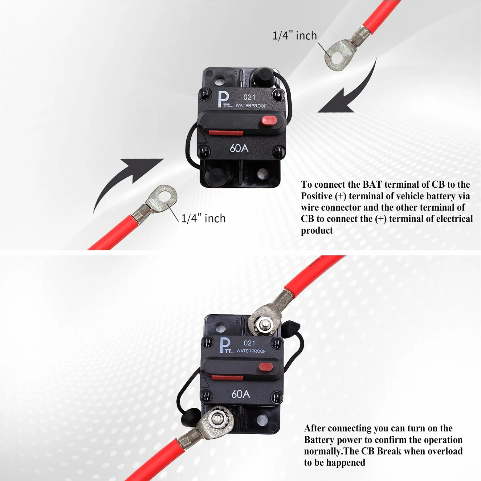 Disyuntor 60A 12–48V DC impermeable IP67 con LED indicador, desconectador de batería con reinicio manual y pernos 1/4", para coche, camper/RV, barco y sistema solar
