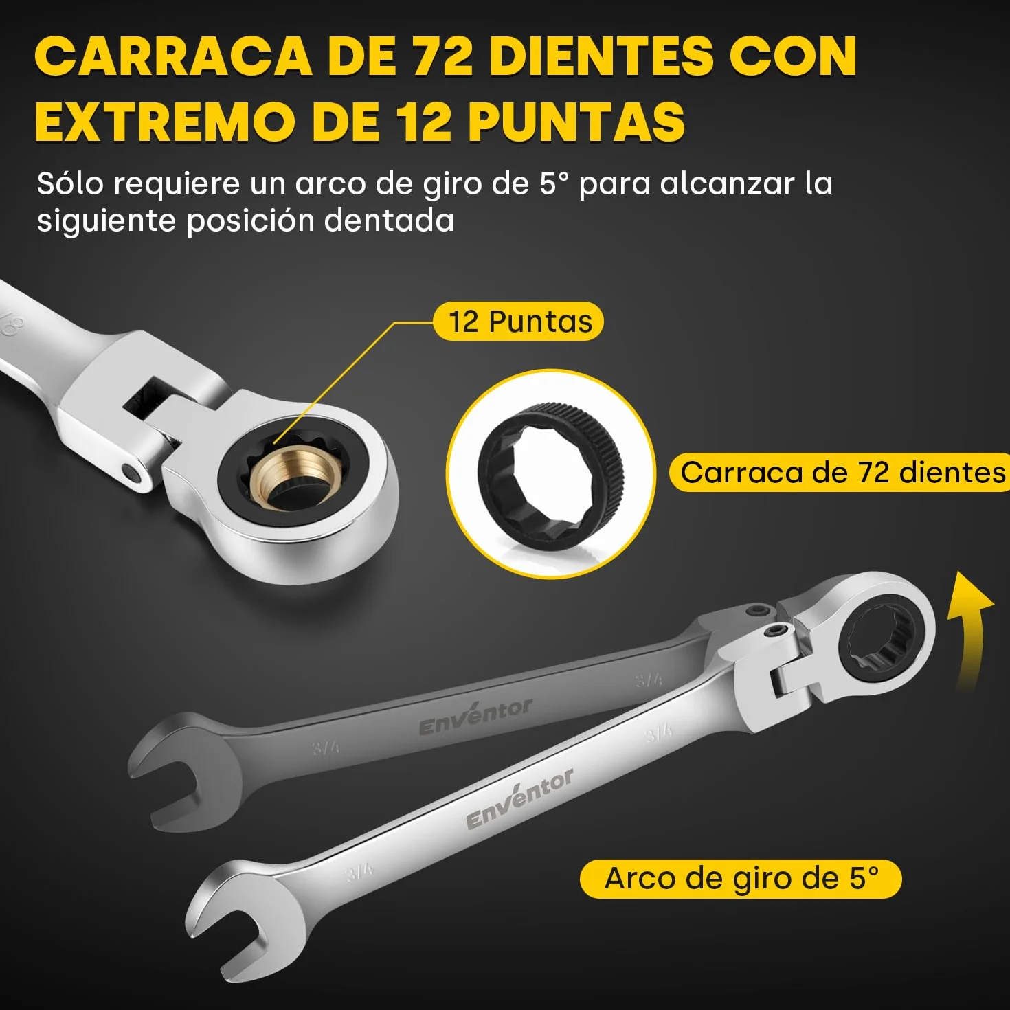 Enventor Juego de Llaves Combinadas de 12 Piezas, Juego de Llaves Combinadas con Carraca SAE 1/4"-7/8", Acero Cromo Vanadio, 72 Dientes, Cabezal Giratorio de 180°, Arco de Giro de 5°, Bolsa