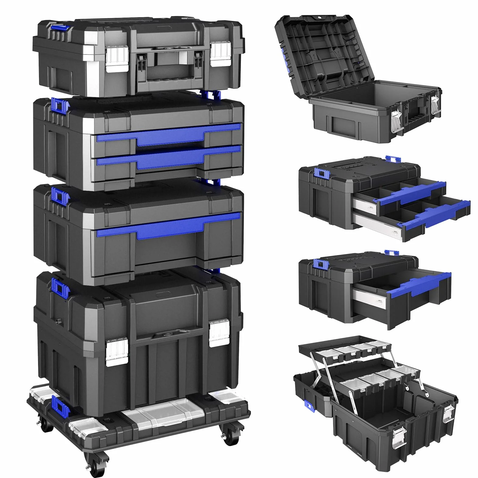 Caja de herramientas de 5 capas vacía con ruedas, modular, caja de herramientas apilable, caja de herramientas portátil vacía con cajón, resistente y duradera, para garajes, reparaciones domésticas