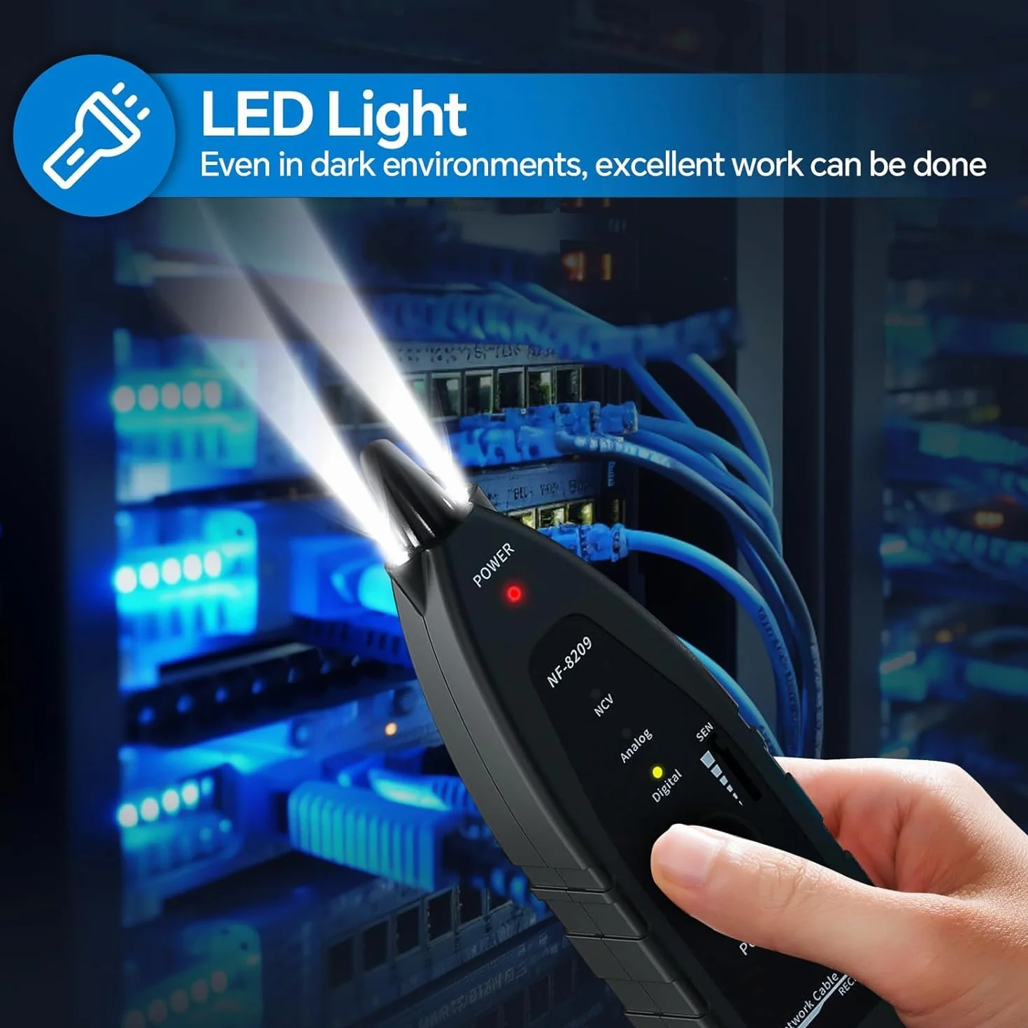 NOYAFA NF-8209 Probador Cables de Red Ethernet - Localizador y Medidor de Longitud para Cat5/Cat6, Rastreador Multifunción con Prueba PoE, Detección de Fallos y Parpadeo de Puertos
