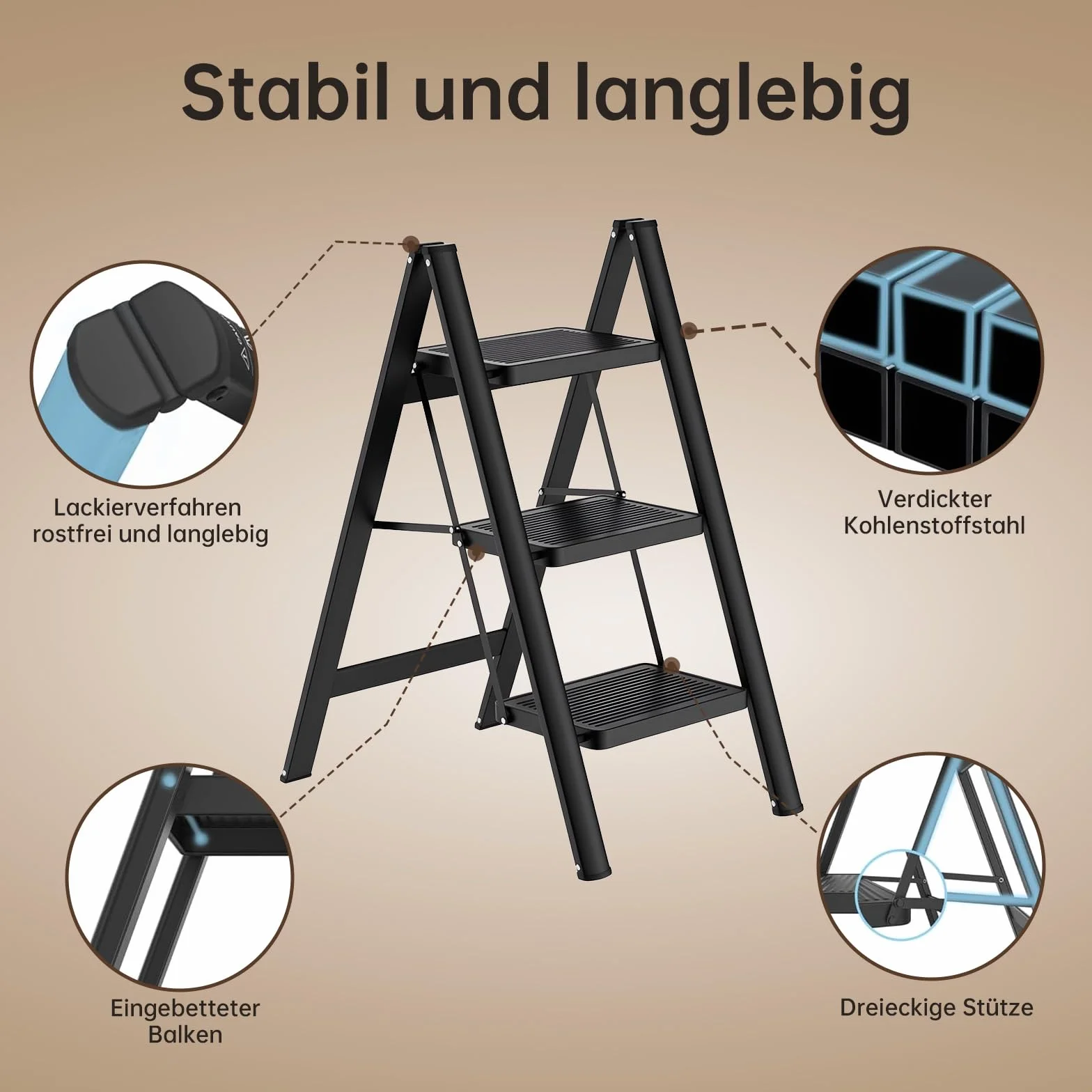 Escalera plegable en 3 peldaños, portátil, capacidad de 250 kg, con pedal ancho antideslizante, para el hogar, cocina, oficina, garaje