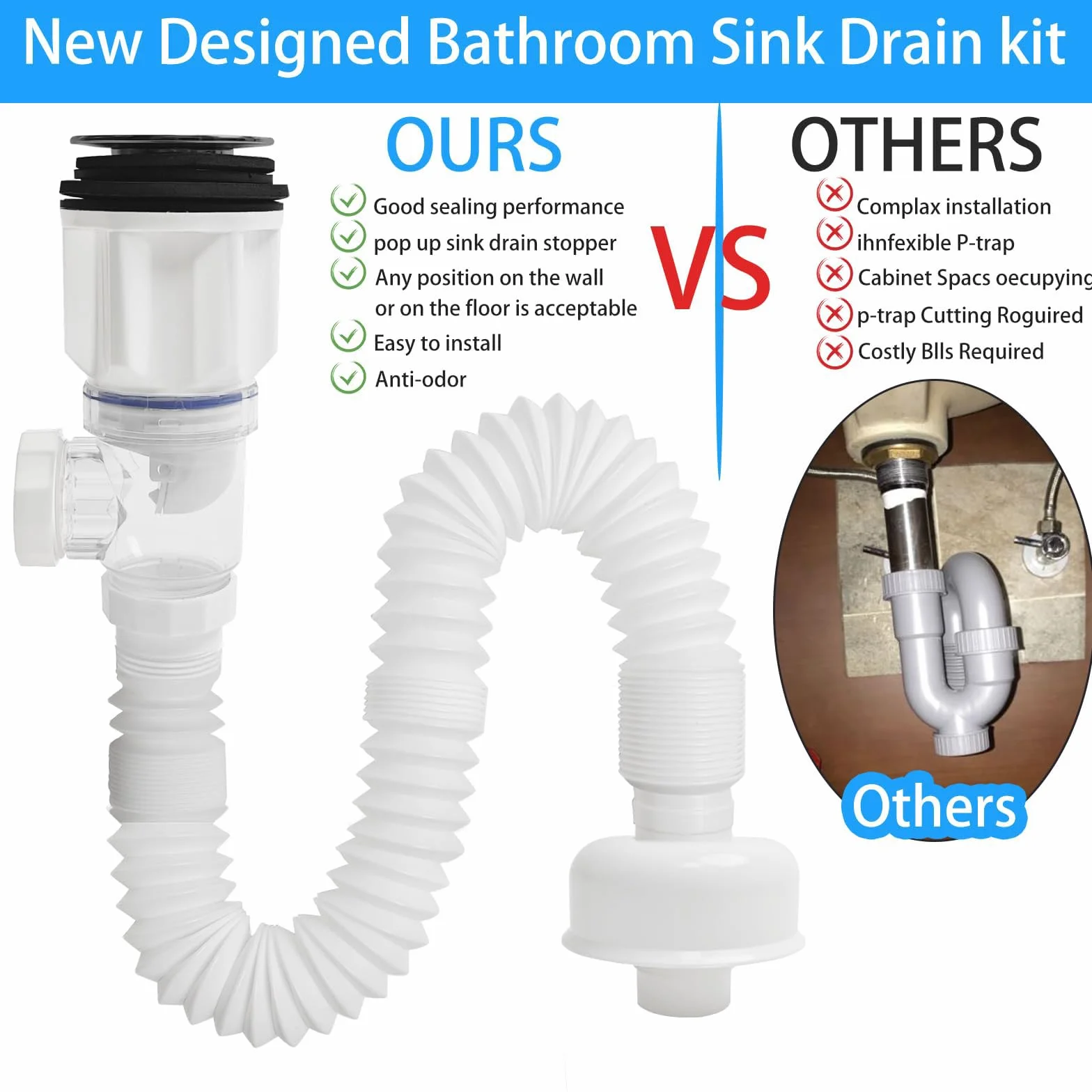 Sifón Lavabo Flexible Kit, Desague Lavabo con Tubo Fregadero y Filtro Emergente, Blanco