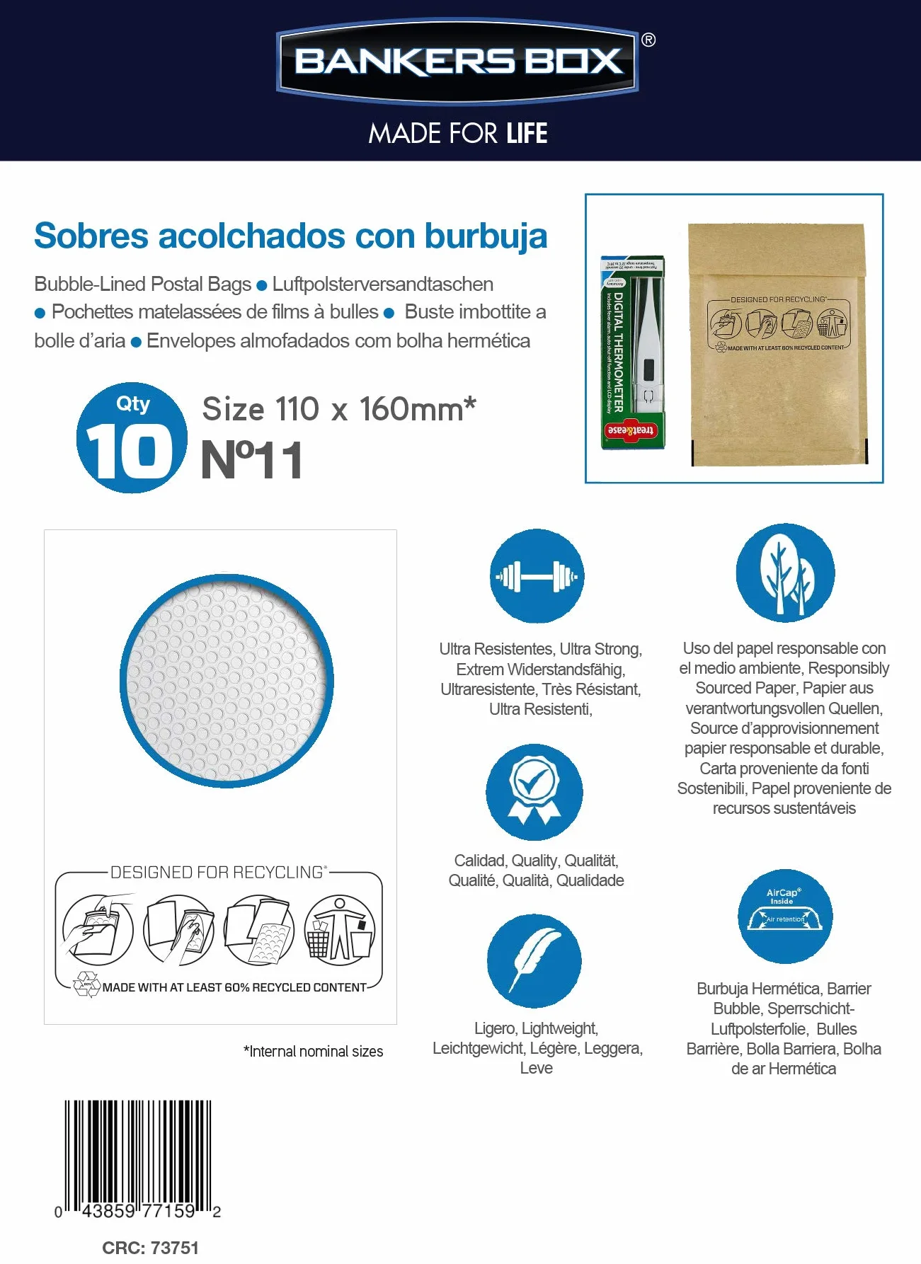 Bankers Box Sobres Acolchados de Burbuja 110x160 mm Nº11, 10 Unidades, Marrón