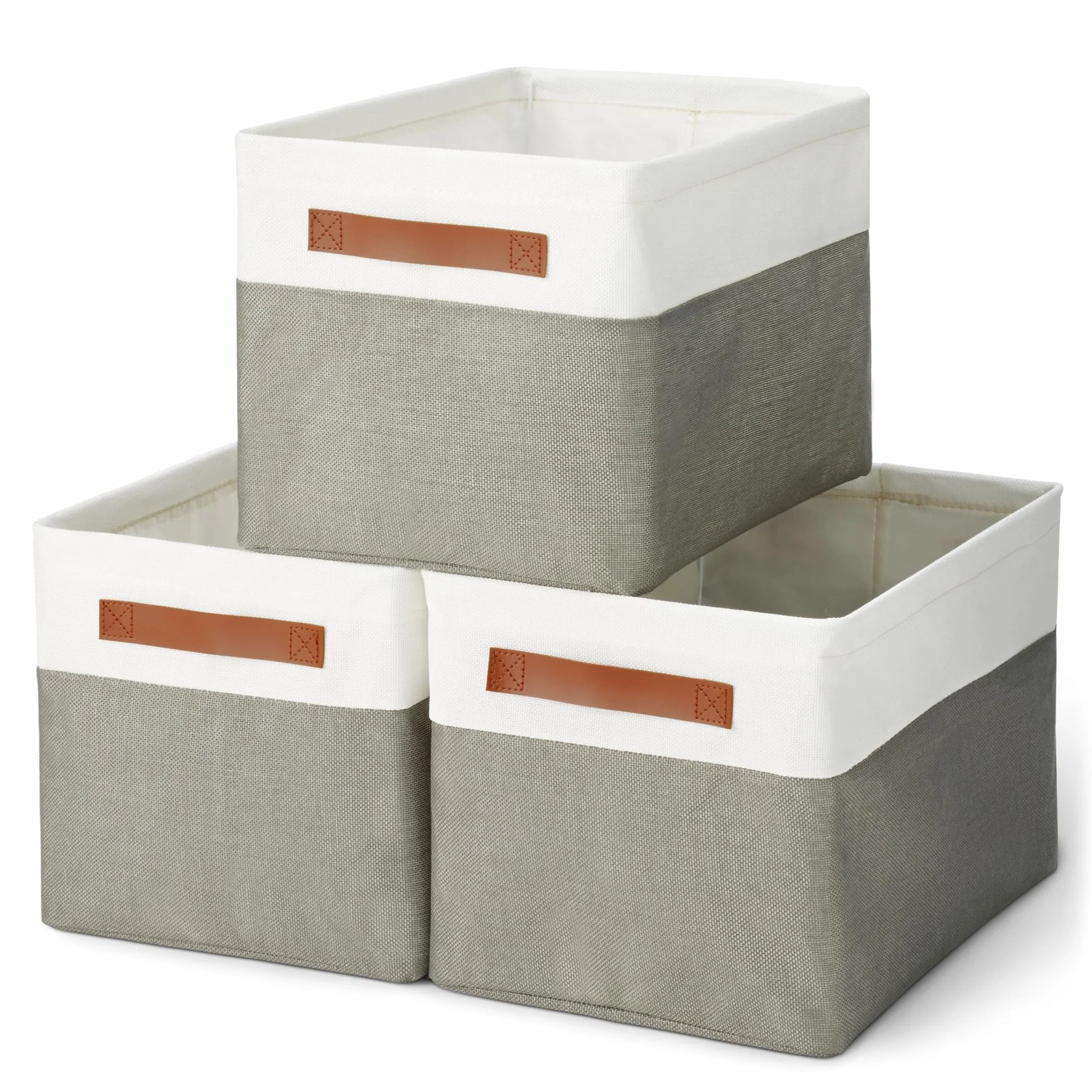 Amazon Basics Cajas de almacenamiento plegables con asas de cuero, color carbón, grande, paquete de 3