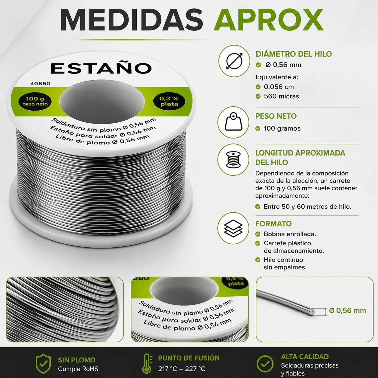 CABLEPELADO Estaño para Soldar Sin Plomo 100 g Ø 0,56 mm con 0,3% Plata | Hilo de Soldadura para Electrónica, PCB, SMD y Reparaciones Eléctricas | Compatible RoHS