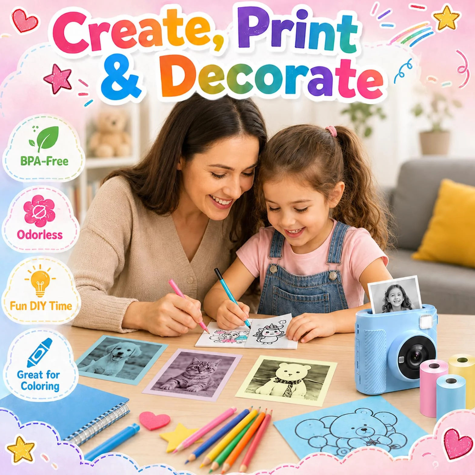 23 Rollos Papel Térmico para Cámara Infantil, 20 Blancos + 3 Colores (Rosa, Azul, Amarillo), Rollo Papel Cámara Fotos Infantil Instantánea, Fácil de Recargar, 5.7 x 2.5 cm