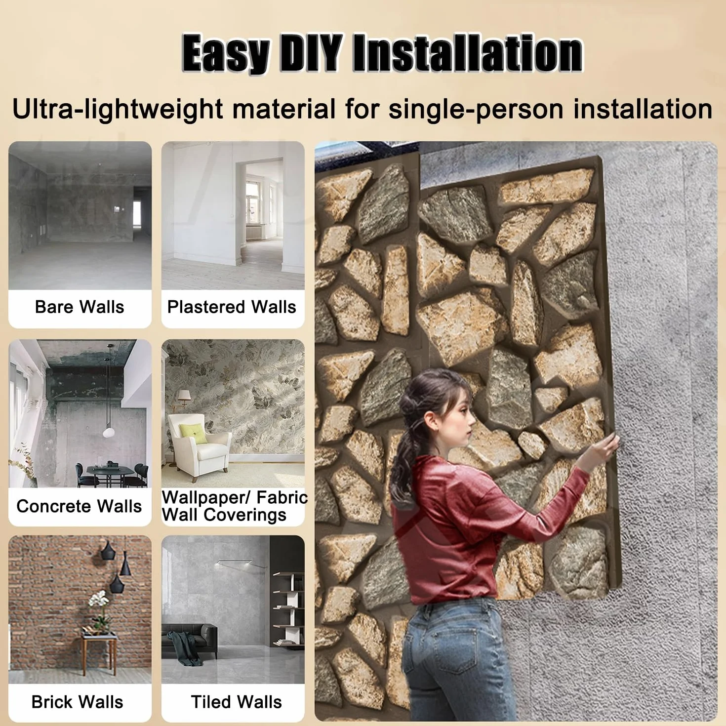 Paneles PVC Pared Panel de pared de PU imitación piedra triturada, papel pintado 3D fácil de instalar de 3 cm de grosor, revestimiento impermeable e ignífugo(I)