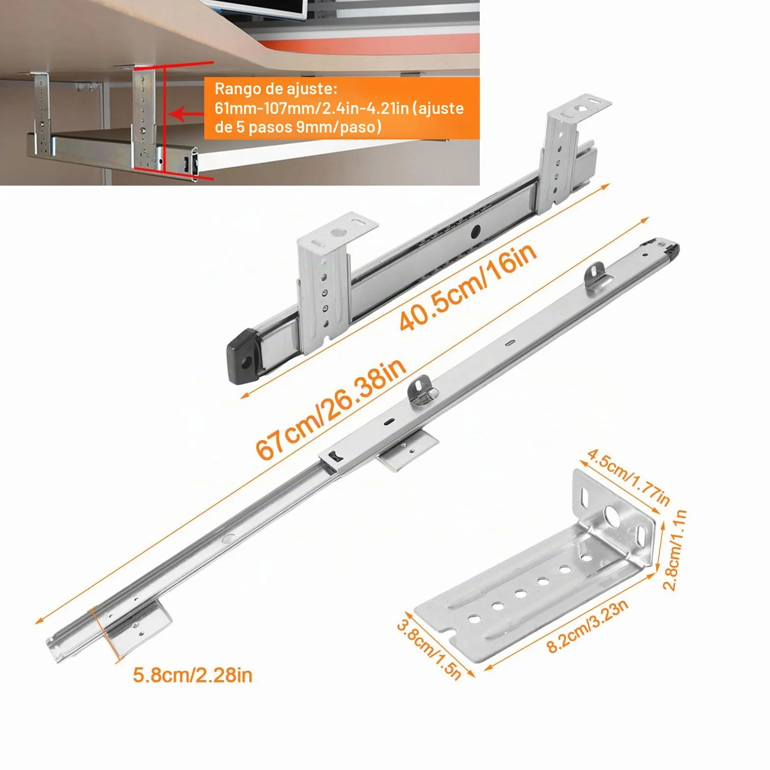 Bandeja extraíble para teclado, rieles para cajones, altura regulable, resistente, 30,5 cm, bandeja de teclado para debajo de la base (40,5 cm)